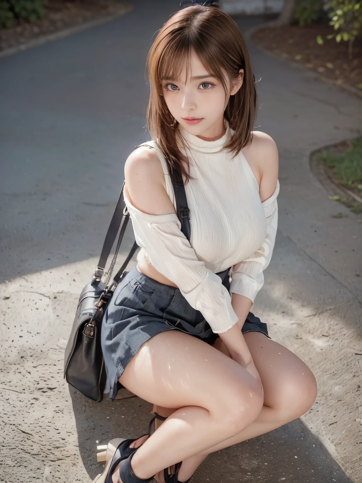 (masterpiece:1.3), (8K, Realistic, RAW Photos, Best image quality: 1.4), (((full body))), (((Absolutely shoulder-length brown straight short bob))), raw photo, Japanese, (1 Girl), beautiful girl, 1 girl, Half Japanese and half Korean, school uniform, sailor suit, traditional Japanese style with navy blue and white colors, detailed ribbon and pleated skirt, (((Descend the outdoor stairs))), Looking forward, Light eye makeup, Brown Hair Color, Dark_Brown eye, Hair blowing in the wind, quality, Shiny Ultra-Realistic Face, glossy, lure, Sweaty,Watery eye, Gaze Up, Subtle lighting effects, Ultra-Realistic Capture, Very detailed, High resolution 16K human skin closeup, Skin texture must be natural, commute, Systemic symptoms, traditional navy blue sailor uniforms, white blouse, pleated skirt, (( I always wear my bag straps at an angle to my body.:1.3)), One Girl, Alone, ((( miniskirt, no underwear:1.3))), Big Breasts, barefoot, high heels, 