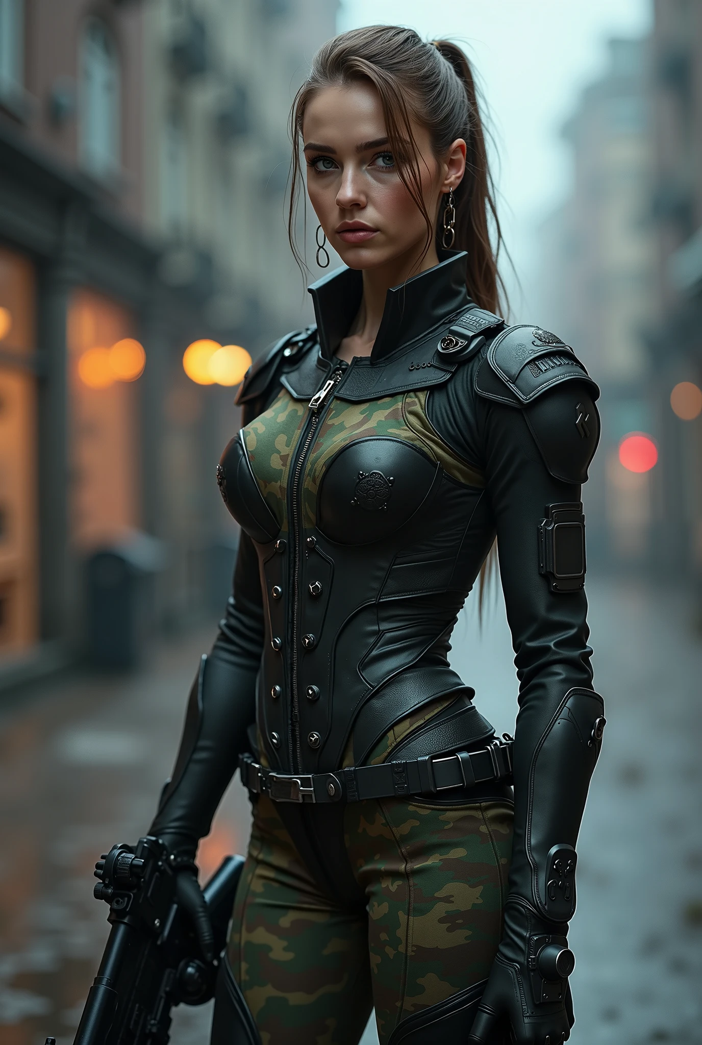 ((Medieval fantasy setting)). Tags: super detail, high details, high quality, best quality, highres, 4K, detailed face, face fix, detailed hands, detailed fingers, portret, 1girl "Echo is a 22-year-old half-elf. She has light brown skin. Thick light chestnut hair with caramel highlights and soft waves. Brown eyes with green hues. Her beautiful face is oval with soft features and pronounced cheekbones. She has full and attractive lips with a natural blush. A slight scar over her right eyebrow. Her ears are small like a human's but pointed like an elf's. Her physique is athletic and slim, she toned and flexible. She has a round and elastic body shapes."
Clothing. Jacket: Dark gray leather thigh-length jacket with a hood that hides the face. The jacket fits the body, but allows you to move freely. It has several internal and external pockets for storing weapons such as throwing knives or poisons. There are additional reinforcements on the shoulders and elbows that provide minimal protection.
Pants: Dark brown leather pants that fit the legs and provide freedom of movement. The pants have small hidden compartments for storing weapons or other items. They look like ordinary urban clothes without attracting too much attention.
Belt: Wide belt with hidden compartments for knives or other small items. The belt has several buckles that help to attach additional items such as handbags or amulets.
Boots: Lightweight leather boots in dark grey, with soft soles for silent movement on city streets.
Background: Autumn medieval city. deserted streets of the royal court.
Tags: ((Hard Nipples Through Shirt)), ((Cameltoe)), (Nipple Outline), (covered nipples), (covered pussy), ((Ass Outline)), (Butt Crack)