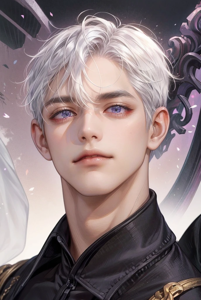 pretty, alone, 1 man, short hair, white platinum hair, purple eyes, black clothes, light tan skin, demon horns, muscular. portrait,male focus, detailed