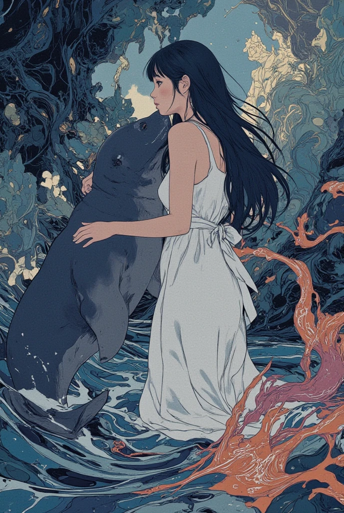 ((line-art Anime, manga aesthetic, highly detailed, vibrant colors, dynamic lighting, soft shading, 8k resolution, masterpiece)),(((1girl_seal:1.2)))A woman emerging from water, with a seal climbing up beside her to embrace her, symbolizing harmony and connection. The woman has long, flowing hair, wearing a simple, elegant dress that drapes gently around her body, creating a sense of ethereal beauty. The seal, with smooth fur and expressive eyes, gently wraps its flippers around her in a tender embrace. The scene is set in a serene, mystical landscape with soft, glowing light filtering through the water. The background is filled with gentle waves and mist, creating a peaceful atmosphere. The scene is highly detailed with dynamic lighting and vibrant colors, bringing out the contrast between the dark depths of the water and the illuminated figure of the woman and the seal. The art style is anime-inspired with manga aesthetics, soft shading, and vibrant hues that make the characters stand out beautifully. The image is rendered in 8k resolution, creating a sense of depth and intricacy in every detail, showcasing the masterpiece of this serene, magical moment."