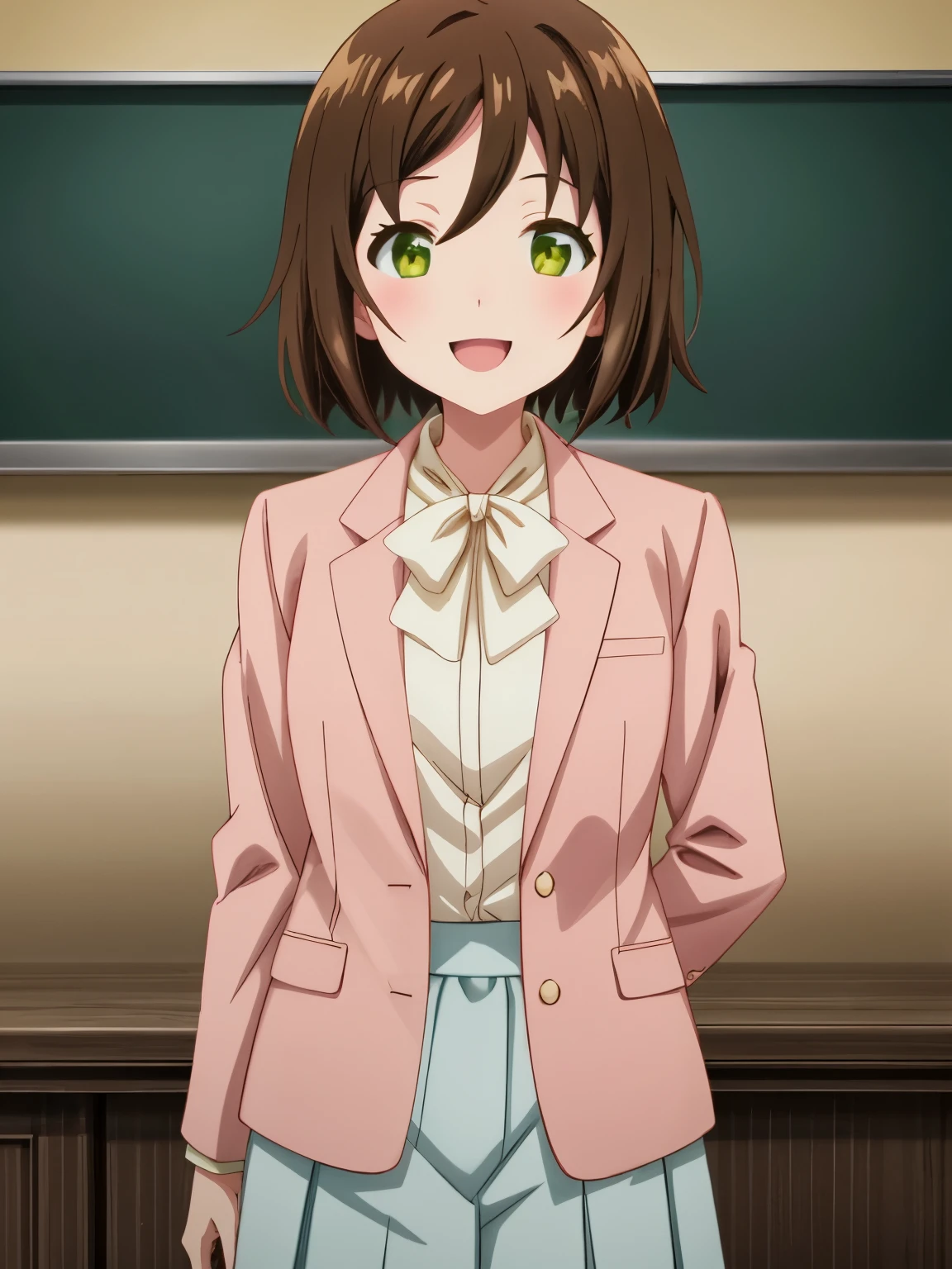 top quality , super high res, Maximum resolution,indoor、( anime illustration style :1.2), One Girl 、Standing、smile、School、classroom、
Arifureta_teacher, 1 girl, green eyes, Brown Hair, Alone, short hair, Outdoor, jacket, open your mouth, pink jacket, watching viewers, shirt, blazer, bow, Long Sleeve , school uniform, white bow, white shirt, bowtie, white bowtie, bangs, Hair between eyes , cowboy shot、