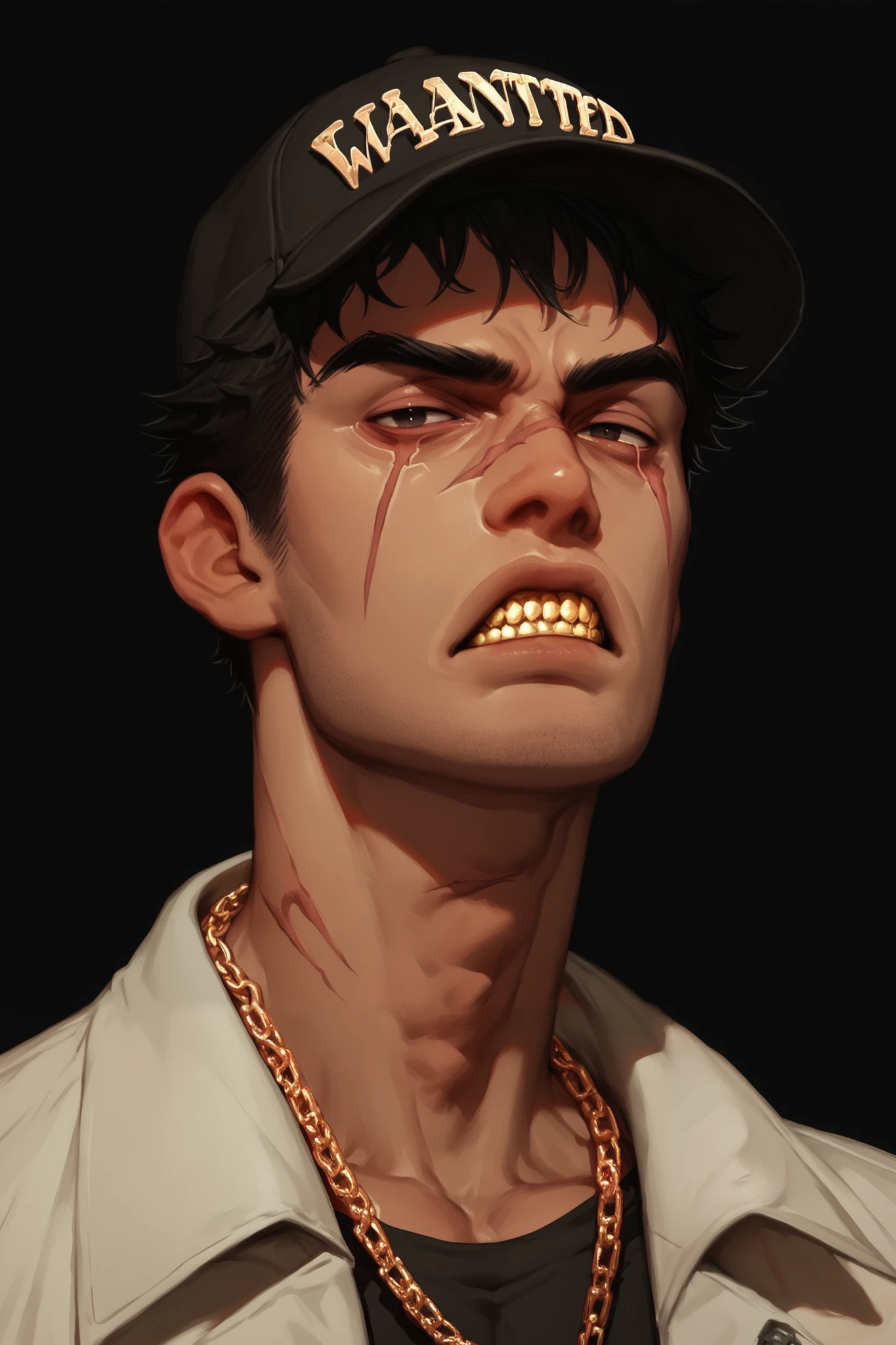  a boy,Alone,  looking at the spectator,  short hair, blows,  simple background, hate look  , threatening posture , dark eyes,  black hair , chains, scar,  Black background, retrato,, scar on face,  eye scar shirt,  covered collarbone,wanted criminal ,tatuajes,gold teeth,cap ,Diamond grillz,Hand gesture