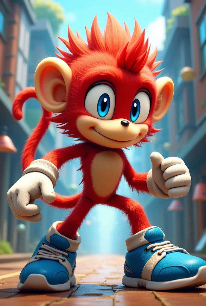 monkey with the color red , blue eyes, white gloves, blue sneakers, Sonic's body structure
