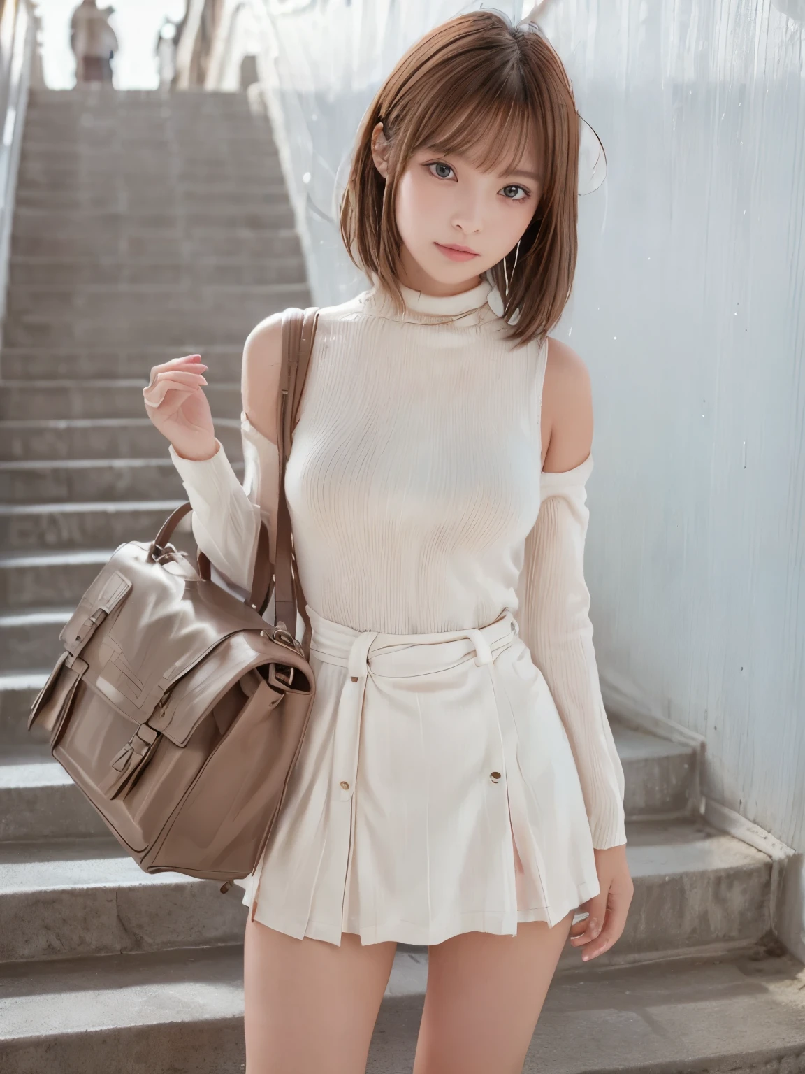 (masterpiece:1.3), (8K, Realistic, RAW Photos, Best image quality: 1.4), (((full body))), (((Absolutely shoulder-length brown straight short bob))), raw photo, Japanese, (1 Girl), beautiful girl, 1 girl, Half Japanese and half Korean, school uniform, sailor suit, traditional Japanese style with navy blue and white colors, detailed ribbon and pleated skirt, (((Descend the outdoor stairs))), Looking forward, Light eye makeup, Brown Hair Color, Dark_Brown eye, Hair blowing in the wind, quality, Shiny Ultra-Realistic Face, glossy, lure, Sweaty,Watery eye, Gaze Up, Subtle lighting effects, Ultra-Realistic Capture, Very detailed, High resolution 16K human skin closeup, Skin texture must be natural, 
commute, Systemic symptoms, traditional navy blue sailor uniforms, white blouse, pleated skirt, (( I always wear my bag straps at an angle to my body.:1.3)), One Girl, Alone, ((( miniskirt, no underwear:1.3))), Big Breasts, barefoot, high heels, 