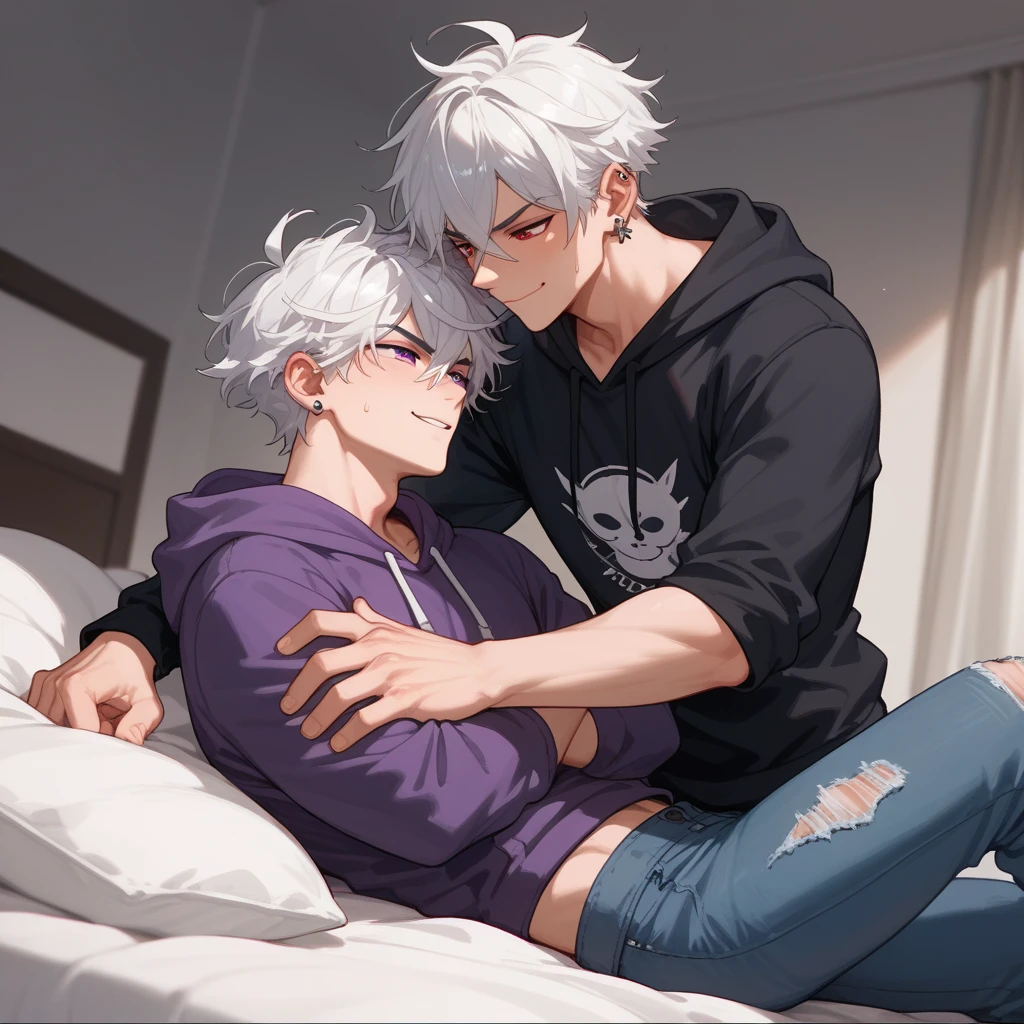 2men, laying in bed, couple, gay, cute, 1man, white hair, purple eyes, purple hoodie, black ripped jeans, piercings, messy short white hair falling between eyes, straddling hips, crossed arms, pouting, BREAK, 1man, red eyes, black hoodie, sweatpants, hands on other man, smirking