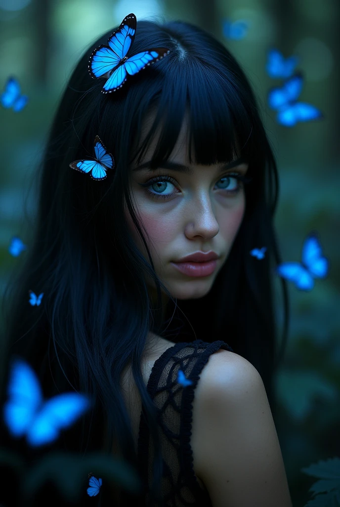 (masterpiece: 1.2, Distinguished Quality, mirror-like, cinematic experience), 8k, (A face with attention to detail, detailed skin texture, beautiful skin), a woman with long hair, wavy and jet black, a beautiful and innocent face, defined jaw. Long eyelashes and bright blue eyes like two beautiful spheres, Red lips, look at the blue butterflies (which shine) that surround her, There are also blue sparkles around it. She looks at them with a curious expression, She is sitting on a log, at the bottom of a forest, with a white dress, wide hips and big breasts. attractive woman