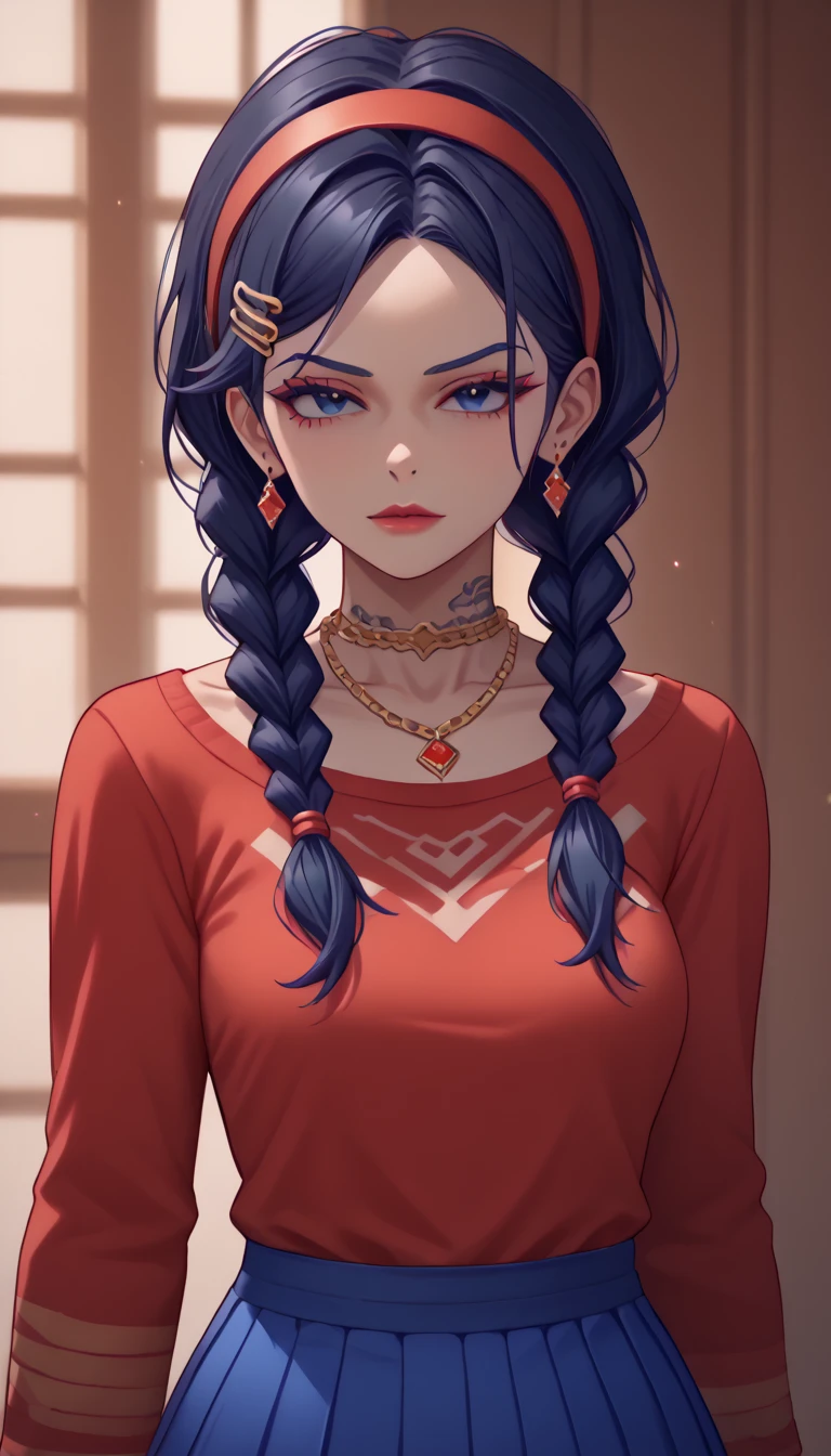 score_9,score_8_up,score_7_up, One,  1 girl fights,  dark blue eyes ,  dark blue hair ,  braids hair in braids ,  red hairband , necklace,  red sweater, blue skirt,  hair ornament , tattoo, mafia boss, (wear mafia clothes:1.5),, evil aura, modern hairstyle