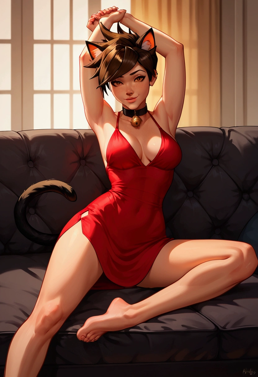 score_9, score_8_up, score_7_up, Tracer, 1girl, large breasts, half naked, adult, 23 years old, rating_safe, ((the indoor pet)), wide-shot, cinematic lighting, very unruly hair, (sleeveless cocktail dress, clean red sleeveless cocktail dress), (cat ears:0.5), Slender body, (seductive smile), (collar with bell), (barefoot), cat ears, cat tail peeks out from under her, laying on couch, living room, stretching, cat ears, perfect face