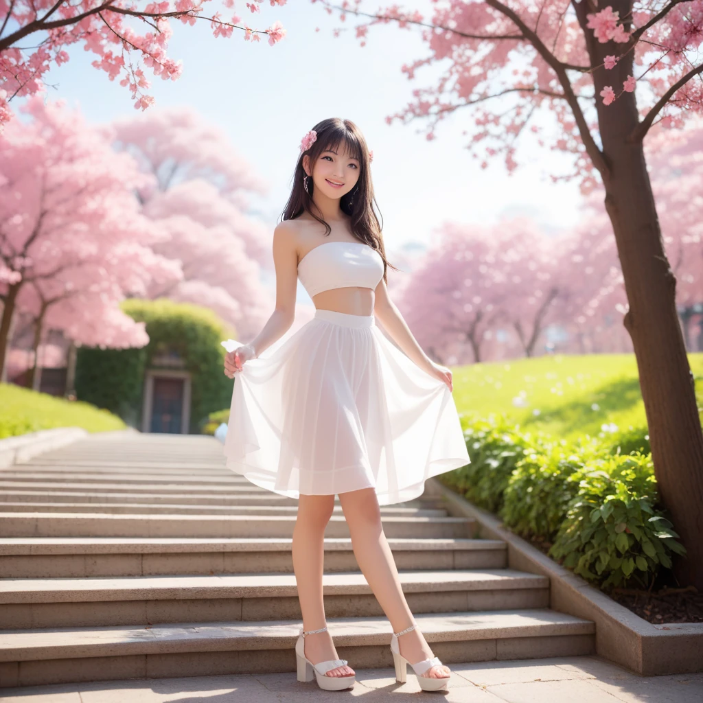 top quality ,A cute girl who remains young 、Smiling cutely、 details , 8k wallpaper, perfect dynamic configuration, beautiful detailed eyes, Natural lip shape , Tight Waist、 Female Middle School Student、 slim figure、C cup size 、Stylish hairstyle、 sparkles in reflection of the rising sun、 Fantastic Scenery、Cherry blossom trees、White summer clothes with a tube top in a 、 full body photo with a side angle from foot to top of head、Sit on the stairs