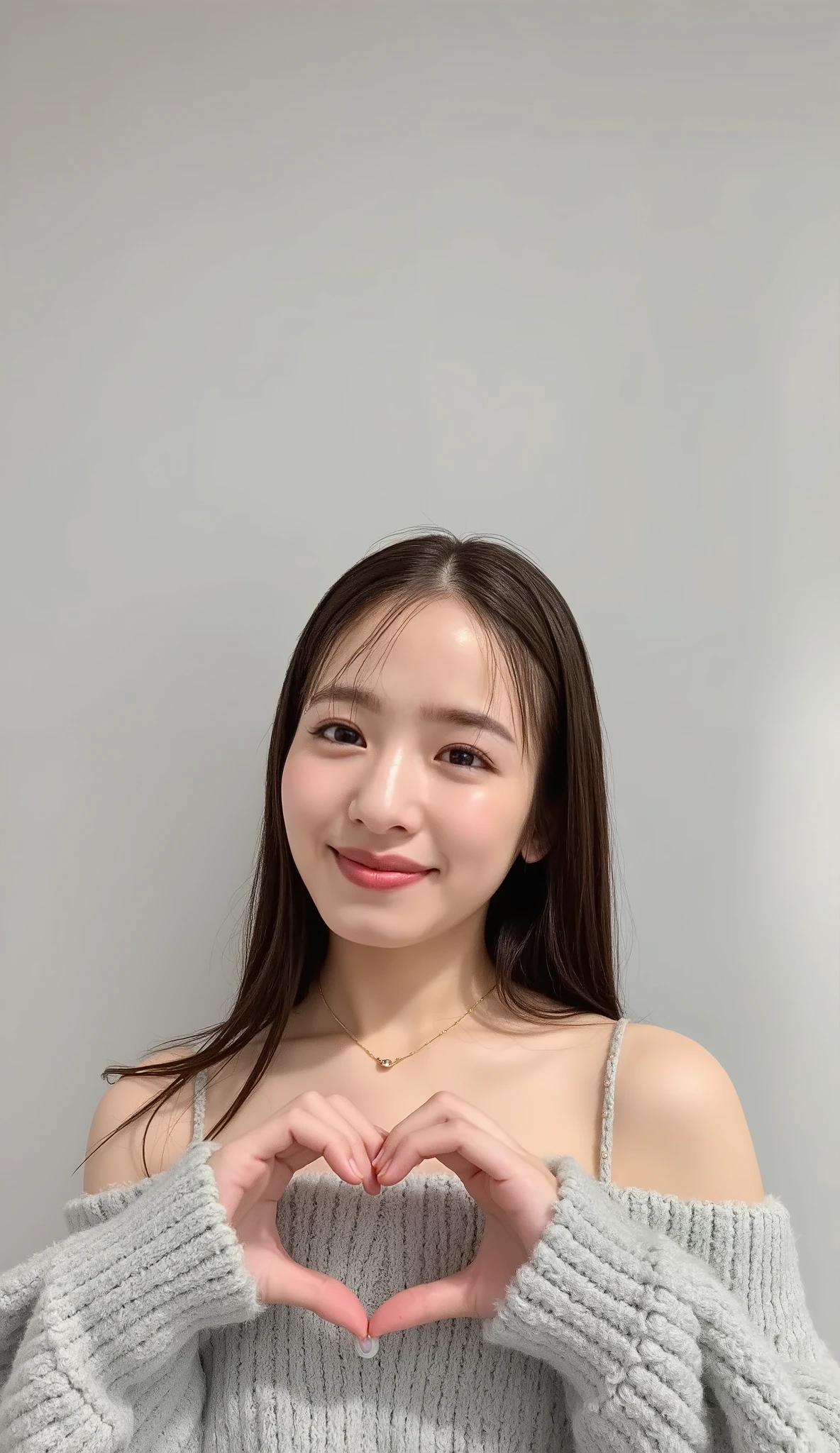   high res、 With a cute smile、   fluffy off-shoulder pajamas,   make a big heart with both hands  , Hold it in front of your chest   , Look above your neck 、   monotone background  

