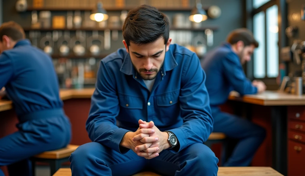man inside a locksmith shop . sitting on a wooden bench, with uniform blue jumpsuit . black hair. fingers intertwined and head down . he is thoughtful and looking to the side. clear environment, some people working around him . Real photo, cinema effect, 4k effect