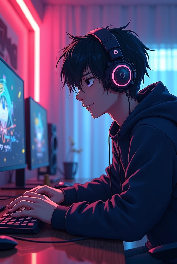 Image of an anime gamer boy with handsome headphones, playing in a gamer room 