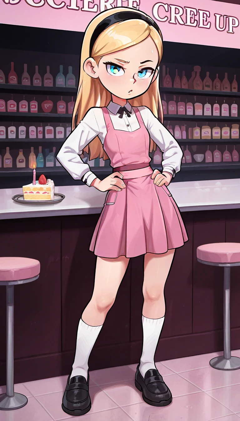 1girl, solo, full body, penny peterson, long hair, blue eyes, 3d, blonde hair, skirt, hairband, black hairband, white socks, dress, pink dress, long sleeves, Andystyle, Standing, Hands on hips, Lip Bite, waitress attire, white loafers, pink skirt, raising her Right eyebrow, Left Hand holding a cake, Staring at viewer, Right hand On Hip, spread legs, 4k