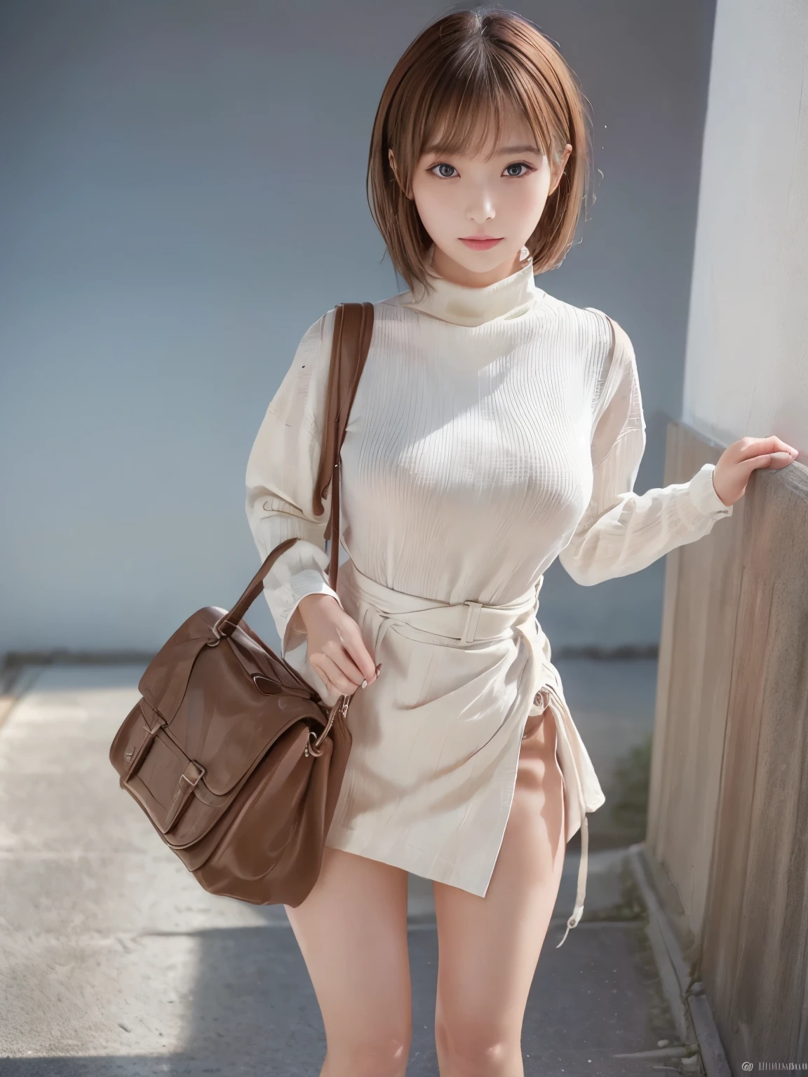 (masterpiece:1.3), (8K, Realistic, RAW Photos, Best image quality: 1.4), (((full body))), (((Absolutely shoulder-length brown straight short bob))), raw photo, Japanese, (1 Girl), beautiful girl, 1 girl, Half Japanese and half Korean, school uniform, sailor suit, traditional Japanese style with navy blue and white colors, detailed ribbon and pleated skirt, (((Descend the outdoor stairs))), Looking forward, Light eye makeup, Brown Hair Color, Dark_Brown eye, Hair blowing in the wind, quality, Shiny Ultra-Realistic Face, glossy, lure, Sweaty,Watery eye, Gaze Up, Subtle lighting effects, Ultra-Realistic Capture, Very detailed, High resolution 16K human skin closeup, Skin texture must be natural, 
commute, Systemic symptoms, traditional navy blue sailor uniforms, white blouse, pleated skirt, (( I always wear my bag straps at an angle to my body.:1.3)), One Girl, Alone, ((( miniskirt, no underwear:1.3))), Big Breasts, barefoot, high heels, 