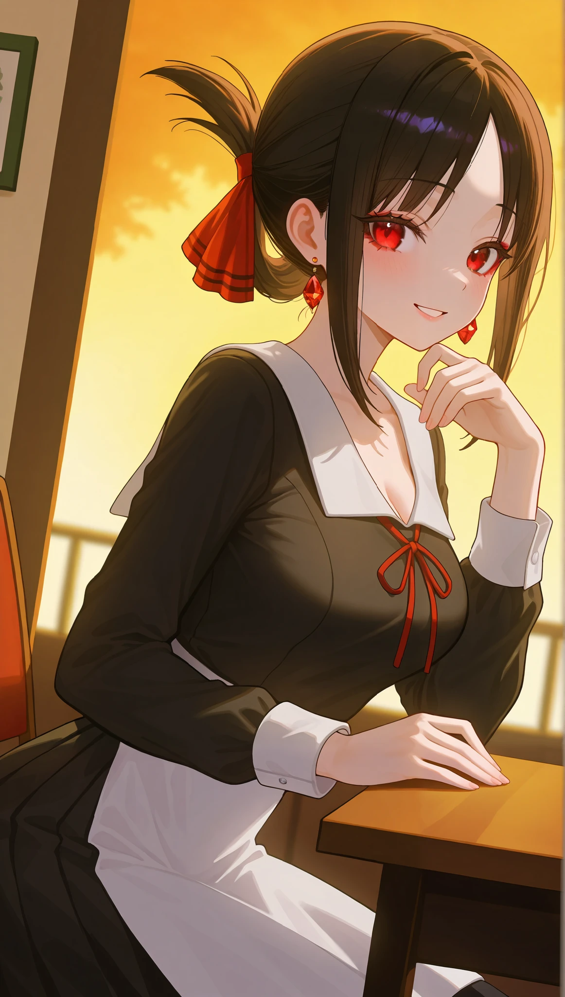 (masterpiece), (portrait), medium breasts (aesthetics), ((1 female 21 years old)), Highlight earrings), ((short hair)), ((Hot crystal black hair, tied hair)), ((Kaguya Shinomiya)) straight hair, thin eyes open, red eyes, cute, naughty, cute smile, woman, feminine, beautiful, female features, top, high quality, aesthetic clothing, professional angle, (rule of thirds), (feminine), , (beautiful) , (female ) features), solo, (Korean attractive), summer, (ink haze), (afternoon), (vibrant light), seductive posture, ((face looking forward))), Kaguya Shinomiya, black school uniform, long sleeves, sensual ((Energy)), (Bold Makeup), (medium Breasts), Fair Skin, (Clothes with Hip Hop Details), (a hot Kaguya Shinomiya, sculptural body, sexy pose), (Sleep Neckline), Beautiful Hands, Body beautiful, beautiful ears, beautiful eyes, bright eyes, beautiful mouth, beautiful lips, school student council room, elegantly sitting at the table