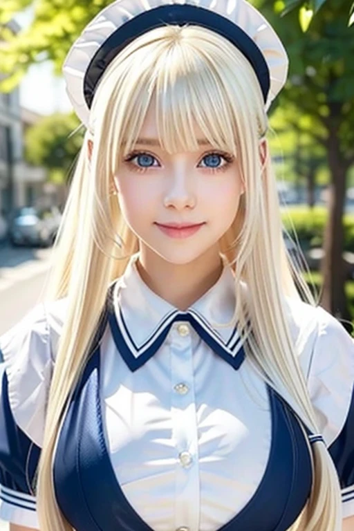  portrait、 School Uniform、 BRIGHT EXPRESSION 、young,  bright , Whiter skin、Great looks、Blonde reflection、  Platinum Blonde Hair with Dazzling Highlights、Shining bright hair,、Super Long,  silk straight hair 、 beautiful shiny bangs、Sparkling,  clear ,  charming big blue eyes 、 she's such a beautiful and adorable girl、 plump breasts 、black and white maid cafe uniform 