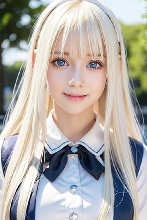  portrait、 School Uniform、 BRIGHT EXPRESSION 、young,  bright , Whiter skin、Great looks、Blonde reflection、  Platinum Blonde Hair with Dazzling Highlights、Shining bright hair,、Super Long,  silk straight hair 、 beautiful shiny bangs、Sparkling,  clear ,  charming big blue eyes 、 she's such a beautiful and adorable girl、 plump breasts 、black and white maid cafe uniform 