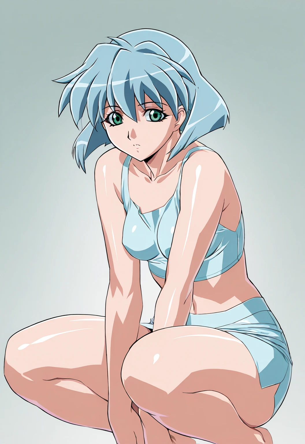 high resolution, masterpiece, necessary, detail, best quality, quality, necessary, tall details, High details, precise, crouching, legs open,
1girl, solo, vandread, vandread anime
Meia, meia (vandread), green eyes, short hair, light blue hair, miniskirt, crop top, thighs, small breasts, midriff
