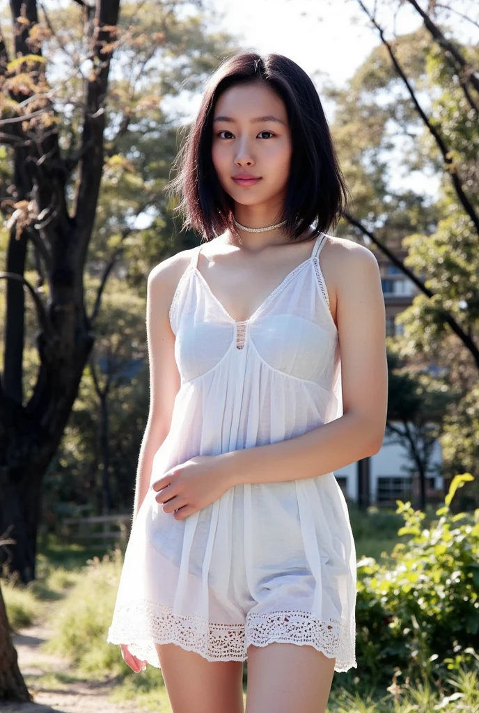 neat college girl、petite person、(Long white silk camisole、white panties)、Outside the field、(Slimed、small tit、flat boobs、small tit)、Photorealsitic、detaileds, Skin Texture, ultra-detailliert、Delicate and sexy collarbone、A smile、Super Detailed Face、Detailed lips、A detailed eye、二重まぶた、10years old girl、((Nipple bumps、Wet White Sheer Camisole))、Squatting and peeing