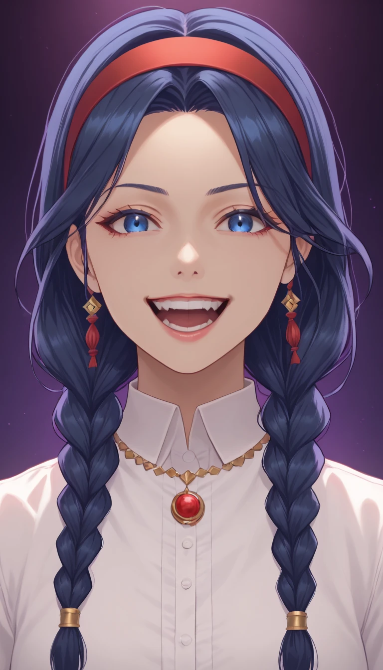 , One,  1 girl fights,  dark blue eyes ,  dark blue hair ,  braids hair in braids ,  red hairband , necklace,    hair ornament , dark theme, nightmare, villian,(masterpiece), (best quality), ultra high res, professional artwork, ultra detailed, intricate, detailed face, perfect lighting, 1girl, scary face, laughing