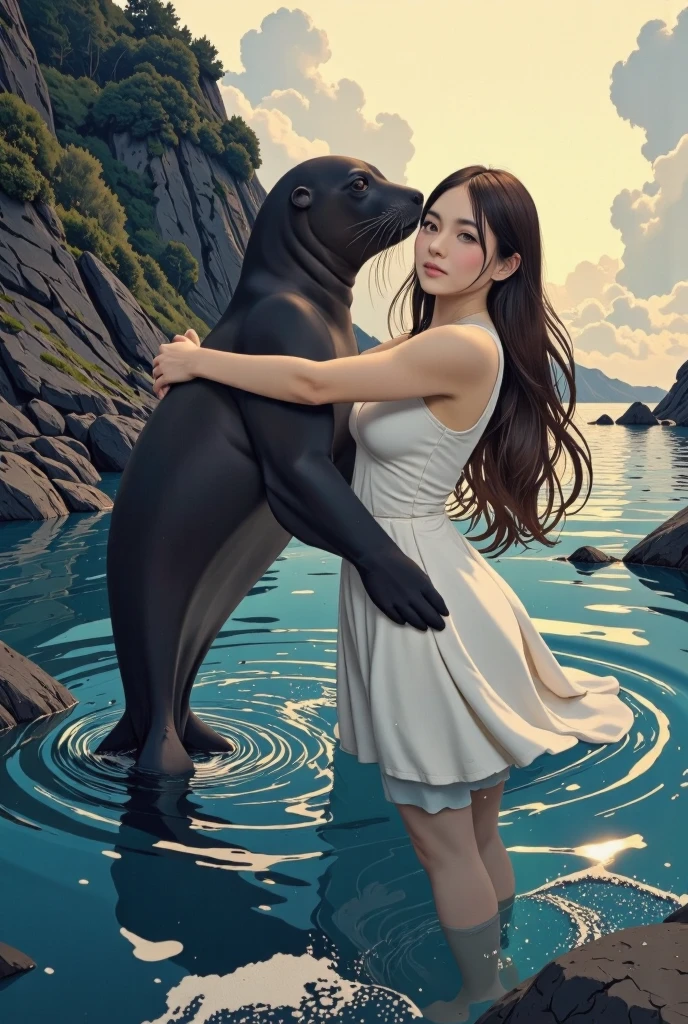 ((line-art Anime, manga aesthetic, highly detailed, vibrant colors, dynamic lighting, soft shading, 8k resolution, masterpiece)),(((1girl_seal:1.2)))A woman emerging from water, with a seal climbing up beside her to embrace her, symbolizing harmony and connection. The woman has long, flowing hair, wearing a simple, elegant dress that drapes gently around her body, creating a sense of ethereal beauty. The seal, with smooth fur and expressive eyes, gently wraps its flippers around her in a tender embrace. The scene is set in a serene, mystical landscape with soft, glowing light filtering through the water. The background is filled with gentle waves and mist, creating a peaceful atmosphere. The scene is highly detailed with dynamic lighting and vibrant colors, bringing out the contrast between the dark depths of the water and the illuminated figure of the woman and the seal. The art style is anime-inspired with manga aesthetics, soft shading, and vibrant hues that make the characters stand out beautifully. The image is rendered in 8k resolution, creating a sense of depth and intricacy in every detail, showcasing the masterpiece of this serene, magical moment."