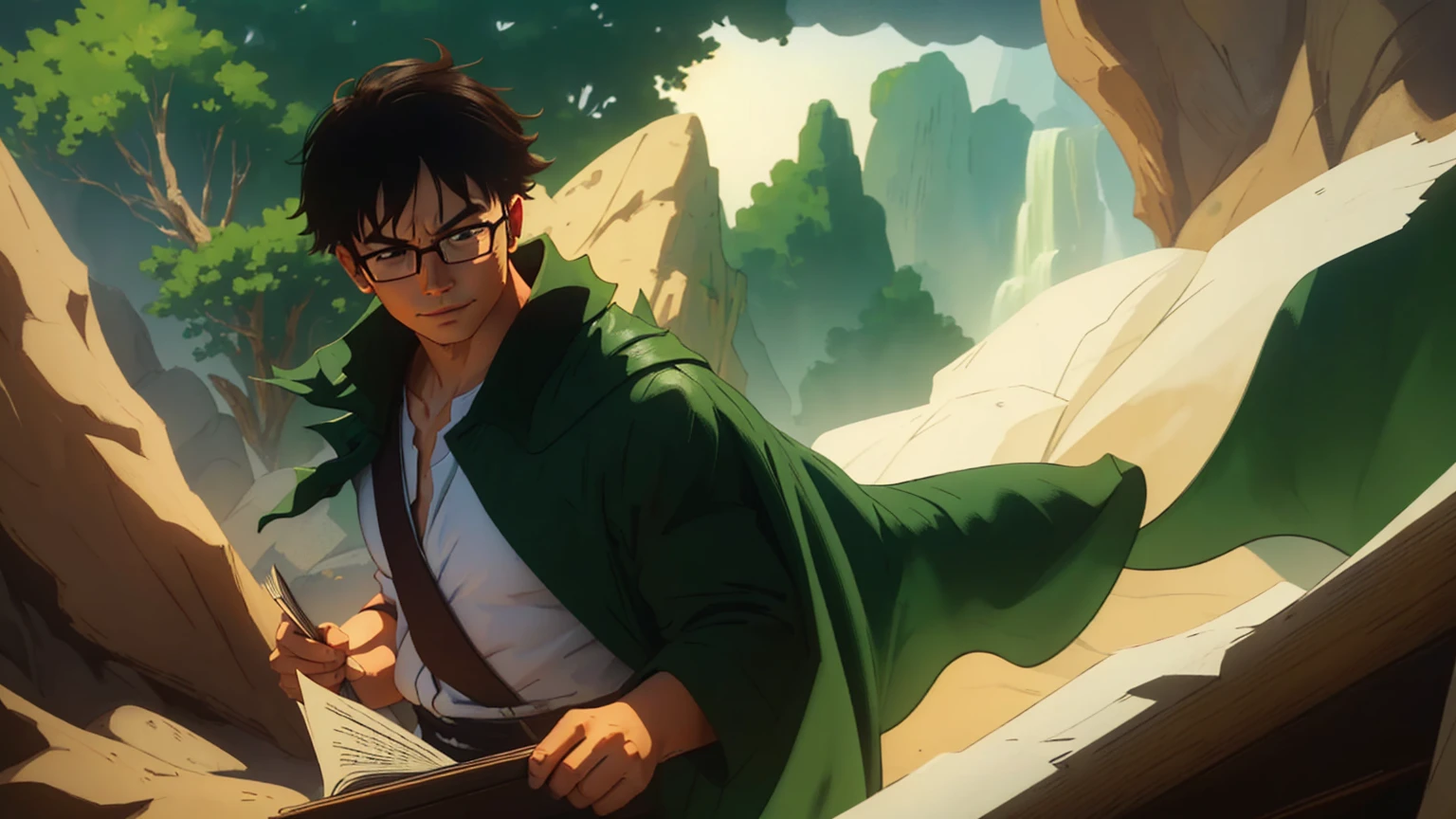 Boy、brown shorts、big round glasses, black tie、adventurer、teenager、looking to camera、open eyes, head down、smile, serious、red book in his hands, 20 years old, betrayal、chill、hurt、make up for、forgive、rounded glasses、green cape、full body、brown coat、white shirt、green tie、brown shorts、black boots、dynamic pose、1 person、splash art、exterior background、natural lighting、moody atmosphere、forest environment、realistic proportions、messy hair、subtle tear streaks、soft facial shadows、slightly flushed cheeks、visible emotion、conflicted expression、like features、fine texture on clothing、movement in the cape、dusty boots、intricate detailing on fabric、slight wind effect、focused composition、rich color depth、high contrast shading、detailed foliage backdrop、emotive storytelling pose、immersive perspective、slight tilt in head、downtrodden gaze、small hands、ish innocence. green cape, rich dark green fabric, slightly worn with frayed edges, tattered in places, flowing dramatically in the wind, draped over the shoulders, deep green shade, natural folds and creases, subtle light reflecting off the fabric, heavily textured fabric with slight distressed marks, slightly faded in some areas, vibrant green base color, shading near the edges, green hue consistent with natural lighting, creases showing movement, worn and weathered look, shadowing under the cape for added depth, natural fabric texture visible, ruffled and loose in motion, green tones blending with atmospheric lighting.
