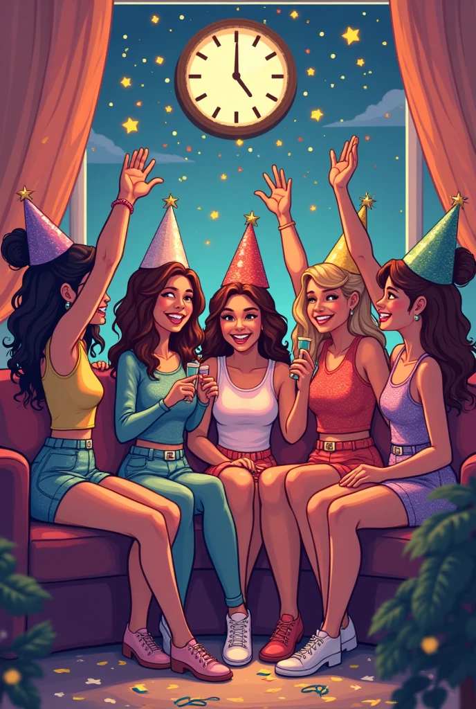 Make a group of friends , I want them all in New Year's outfits. pixel art style