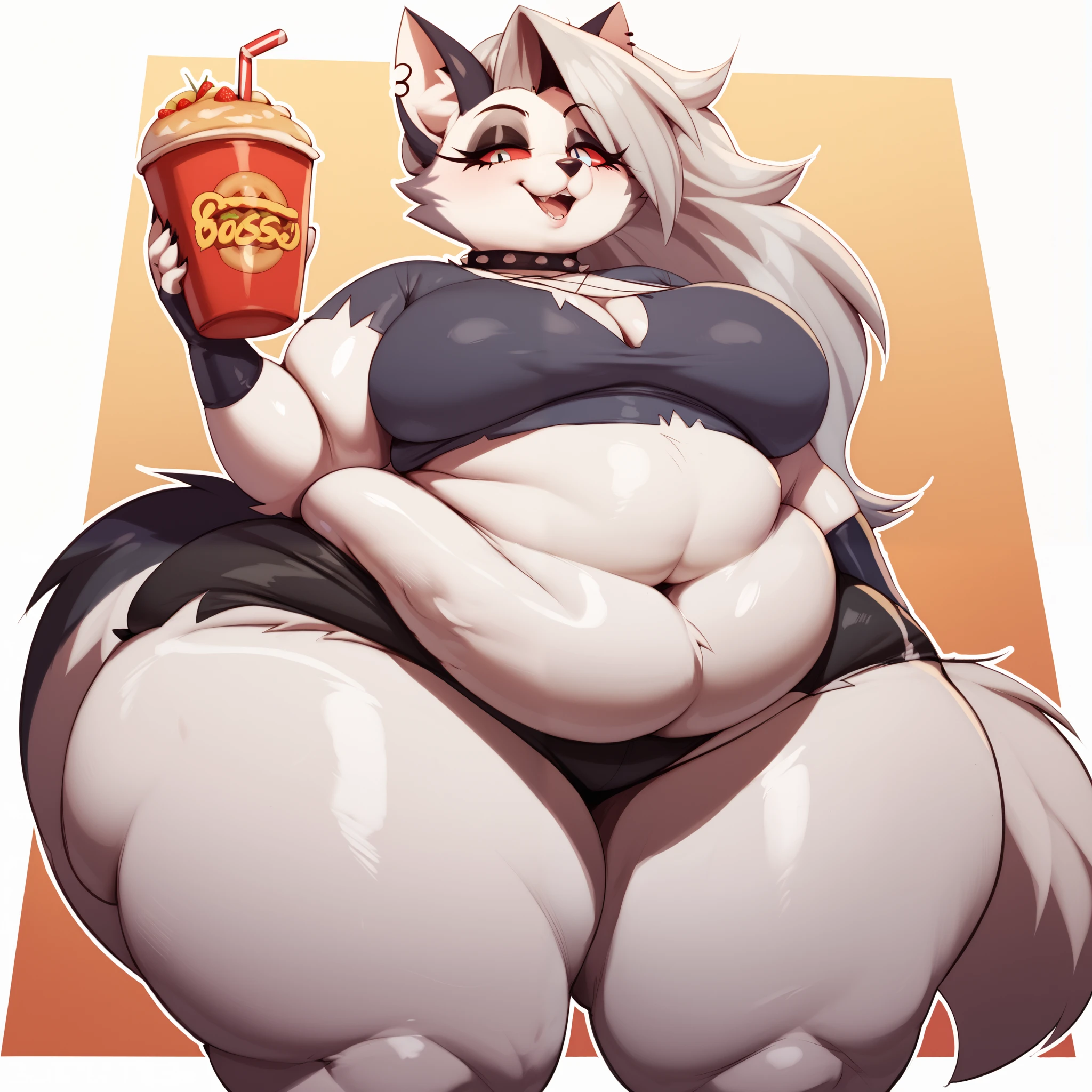 Loona Helluva Boss, fat body, sexy pose, ((Furry)), (ssbbw), very obese, perfect fat anatomy, belly soft like a marshmellow, fast food place background, ((ONLY 1 Character))