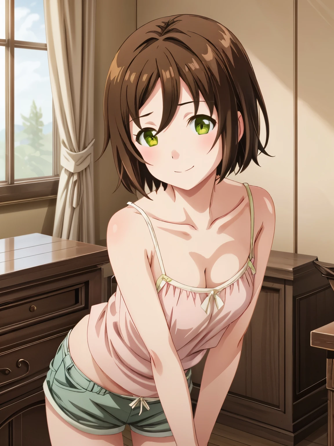  top quality ,  super high res, Maximum resolution,indoor、( anime illustration style :1.2), One Girl 、Standing、Smiling and waving、School、classroom、 closed mouth、 Arifureta_teacher,  1 girl,  green eyes, Brown Hair, Alone,  short hair, ( camisole、 shorts for bare skin:1.5), cowboy shot,  extremely detailed CG、 (Genuine、 realisticな、 realistic:1.2), Hands on chest, bangs,  hair between eyes , cowboy shot、