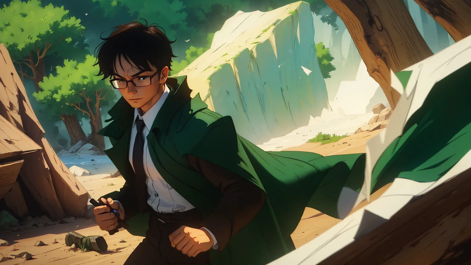 Boy、brown shorts、big round glasses, black tie、adventurer、teenager、looking to camera、open eyes, head down、smile, serious、red book in his hands, 20 years old, betrayal、chill、hurt、make up for、forgive、rounded glasses、green cape、full body、brown coat、white shirt、green tie、brown shorts、black boots、dynamic pose、1 person、splash art、exterior background、natural lighting、moody atmosphere、forest environment、realistic proportions、messy hair、subtle tear streaks、soft facial shadows、slightly flushed cheeks、visible emotion、conflicted expression、like features、fine texture on clothing、movement in the cape、dusty boots、intricate detailing on fabric、slight wind effect、focused composition、rich color depth、high contrast shading、detailed foliage backdrop、emotive storytelling pose、immersive perspective、slight tilt in head、downtrodden gaze、small hands、ish innocence. green cape, rich dark green fabric, slightly worn with frayed edges, tattered in places, flowing dramatically in the wind, draped over the shoulders, deep green shade, natural folds and creases, subtle light reflecting off the fabric, heavily textured fabric with slight distressed marks, slightly faded in some areas, vibrant green base color, shading near the edges, green hue consistent with natural lighting, creases showing movement, worn and weathered look, shadowing under the cape for added depth, natural fabric texture visible, ruffled and loose in motion, green tones blending with atmospheric lighting.
