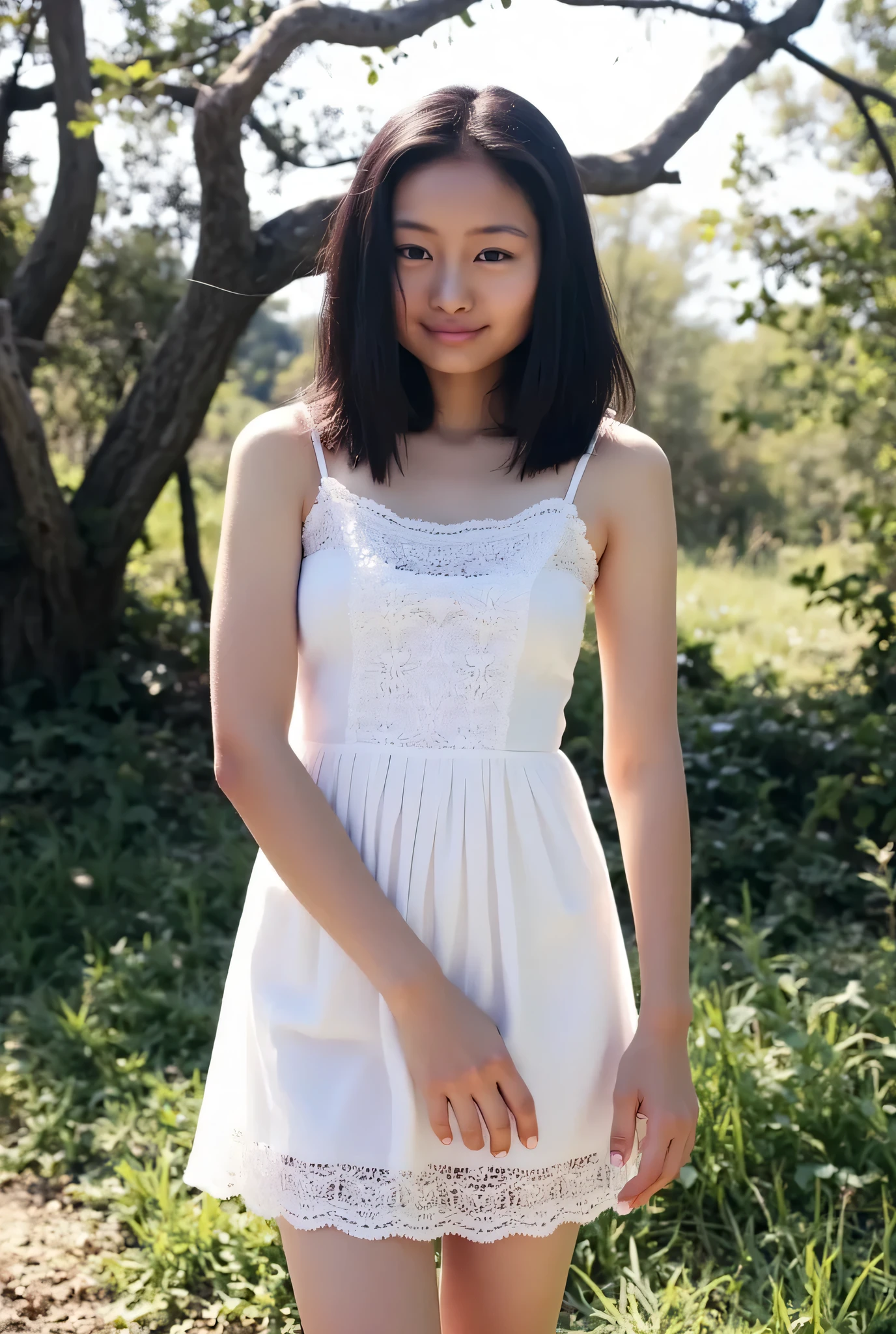{( top quality )}, {{masterpiece}}, ((16k)), { super detailed },, {{ professional lighting ),{{ blue-white skin:1.6}},, {{{{{{ short bob hair:1.6}}}}},,,{{{{( Smoother Lighting :1.6)}}}, ( The quality of the film lighting has been improved }},,{32K}} ,, {{ One Girl ::((smile: Bag of Tears :Double Eyes ))}}} ,,{{{{ ponytail:1.8}}}、{{{ camisole: can be seen through:I'm wearing a white and }}},,{{ white plain background of giraffe forest : 1.8 }}
