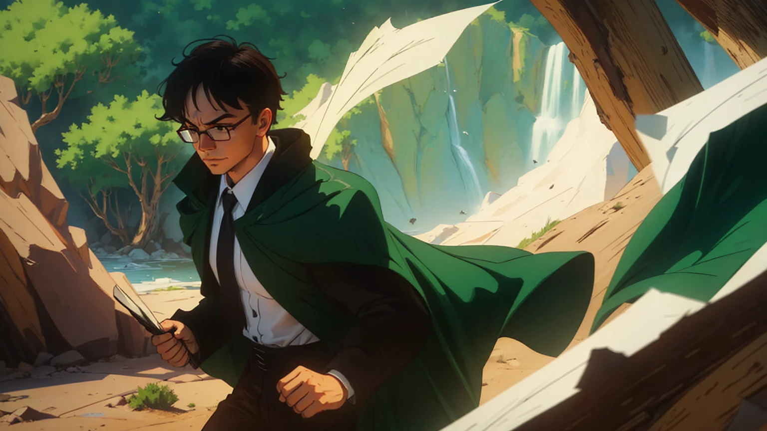 Boy、brown shorts、big round glasses, black tie、adventurer、teenager、looking to camera、open eyes, head down、smile, serious、red book in his hands, 20 years old, betrayal、chill、hurt、make up for、forgive、rounded glasses、green cape、full body、brown coat、white shirt、green tie、brown shorts、black boots、dynamic pose、1 person、splash art、exterior background、natural lighting、moody atmosphere、forest environment、realistic proportions、messy hair、subtle tear streaks、soft facial shadows、slightly flushed cheeks、visible emotion、conflicted expression、like features、fine texture on clothing、movement in the cape、dusty boots、intricate detailing on fabric、slight wind effect、focused composition、rich color depth、high contrast shading、detailed foliage backdrop、emotive storytelling pose、immersive perspective、slight tilt in head、downtrodden gaze、small hands、ish innocence. green cape, rich dark green fabric, slightly worn with frayed edges, tattered in places, flowing dramatically in the wind, draped over the shoulders, deep green shade, natural folds and creases, subtle light reflecting off the fabric, heavily textured fabric with slight distressed marks, slightly faded in some areas, vibrant green base color, shading near the edges, green hue consistent with natural lighting, creases showing movement, worn and weathered look, shadowing under the cape for added depth, natural fabric texture visible, ruffled and loose in motion, green tones blending with atmospheric lighting.
