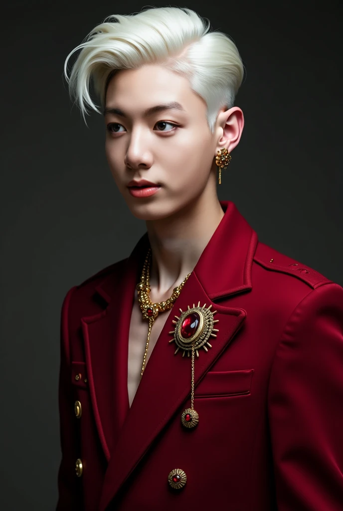 A Korean man, with blonde hair, fluffly , with women&#39;s clothing, and Chanel necklace around the neck , sitting on a sofa 