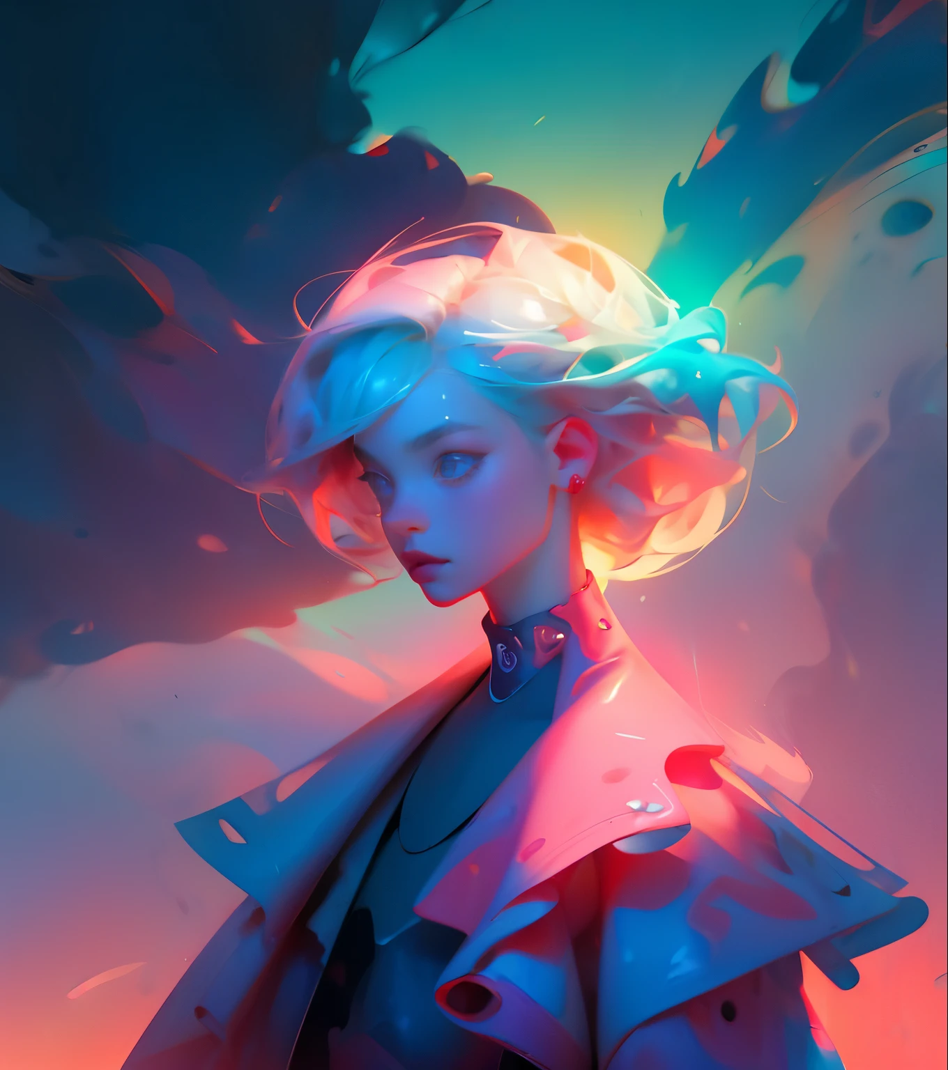 masterpiece, very detailed, 32K, girl wearing PRADA clothes, abstract, avant-garde style wear, street photography, very detailed hair and eyes, oil and water paintings mix, ultra-high detailed, 8k, colorful background, fog, mist, long exposure, lens flare, neon pink yellow blue theme