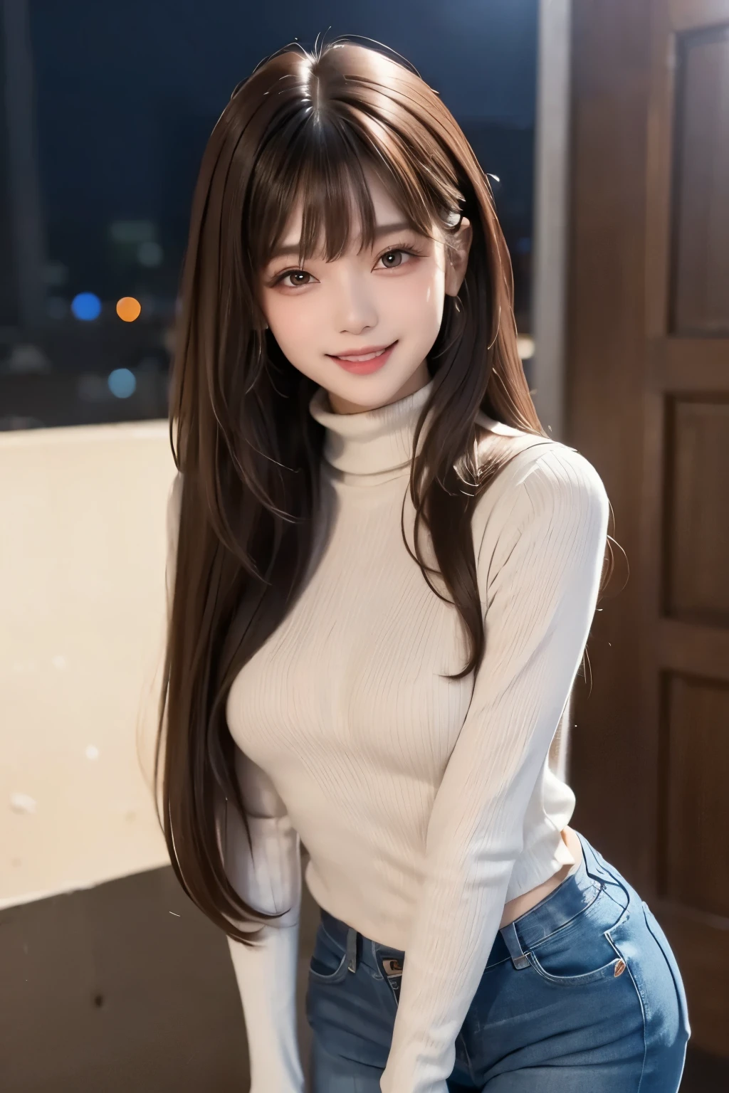 1girl, (small breasts), light brown hair, blunt bangs, long hair, make up, high quality, masterpiece, simple background, cute, cute smile, wholesome, black turtleneck, baggy jeans, portrait,