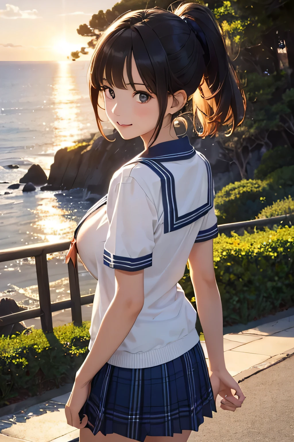 top quality 、 high res、( high image quality:1.2)、masterpiece、 detailed background 、( highly detailed faces being avenged:1.2)、 is anatomically correct、 detailed eyes、Teenage beauty、( huge breasts:1.2)、 perfect body line 、 brightly colored hair color 、 braided bob cut 、 ponytail、 shiny navy blue sailor suit、 white sailor color、 plaid pleated skirt、A brightly colored school cardigan 、 white stocking 、 A beautiful scene like a scene from a movie、 big smile when looking back、( peace sign:1.2)、(Normal number of fingers:1.2)、
( the coastline dyed in the morning sun and 3 girls looking back from the seaside :1.5)、
I go to the seaside and spend time watching the sunrise 、 At first, bright orange and pink colors dye the sky, and xu 々It becomes reddish 、 As the sun rises, the color becomes more vivid and the surrounding landscape is beautifully dyed、 cute