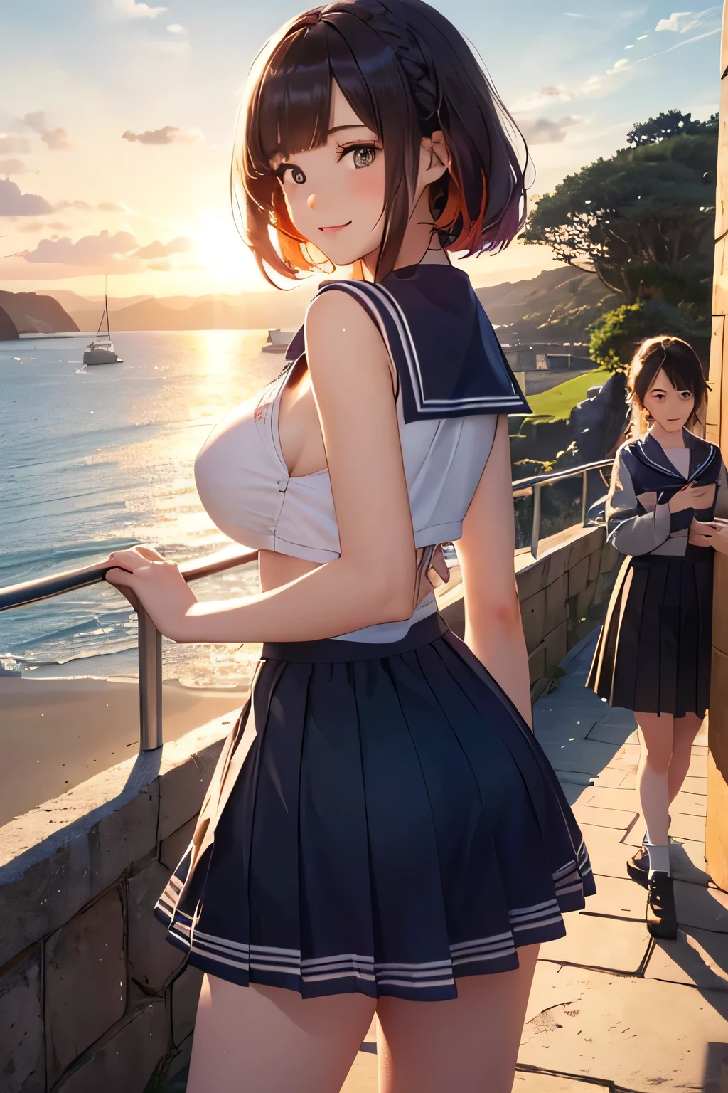  top quality 、 high res、( high image quality:1.2)、masterpiece、 detailed background 、( highly detailed faces being avenged:1.2)、 is anatomically correct、 detailed eyes、Teenage beauty、( huge breasts:1.2)、 perfect body line 、 brightly colored hair color 、 braided bob cut 、 shiny sailor suit、 white sailor color、 pleated skirt、 white stocking 、 A beautiful scene like a scene from a movie、 big smile when looking back、 sandy beach、

( the coastline dyed in the morning sun and 3 girls looking back from the seaside :1.5)、

I will spend time watching the sunrise、 At first, bright orange and pink colors dye the sky, and xu 々It becomes reddish 、 As the sun rises, the color becomes more vivid and the surrounding landscape is beautifully dyed、 cute