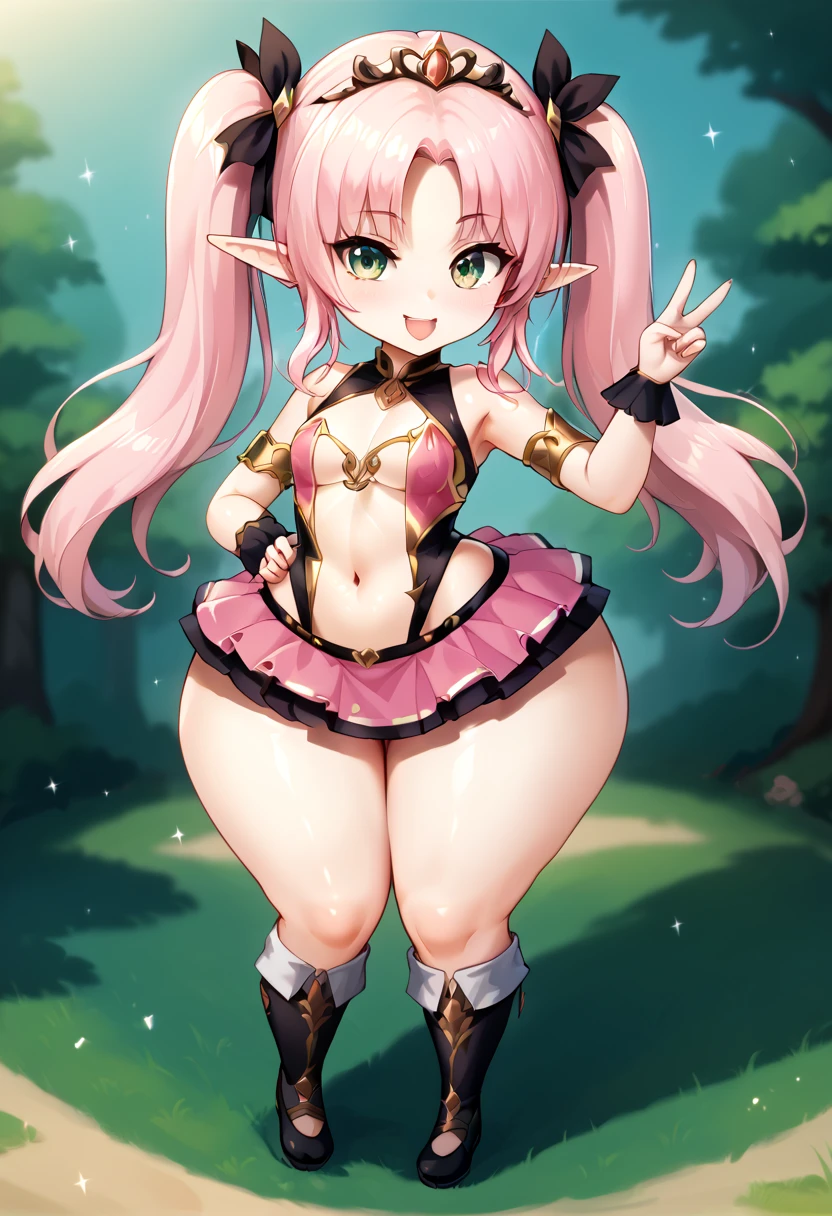 Sexy outfit, elf ears, pink hair, green eyes, twintails, tiara, sexy outfit, cute pose, peace sign, open stomach,  wide hips, shortstack,  revealing outfit, very short skirt, best quality, masterpiece, fantasy background, fantasy outfit, bending over