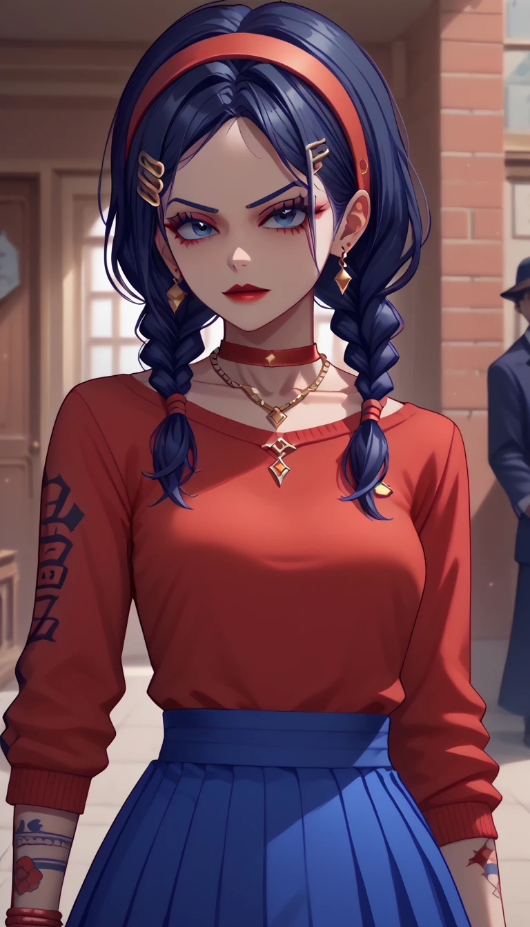 score_9,score_8_up,score_7_up, One,  1 girl fights,  dark blue eyes ,  dark blue hair ,  braids hair in braids ,  red hairband , necklace,  red sweater, blue skirt,  hair ornament , tattoo, mafia boss, (wear mafia clothes:1.5),, evil aura, bloody knife in hand