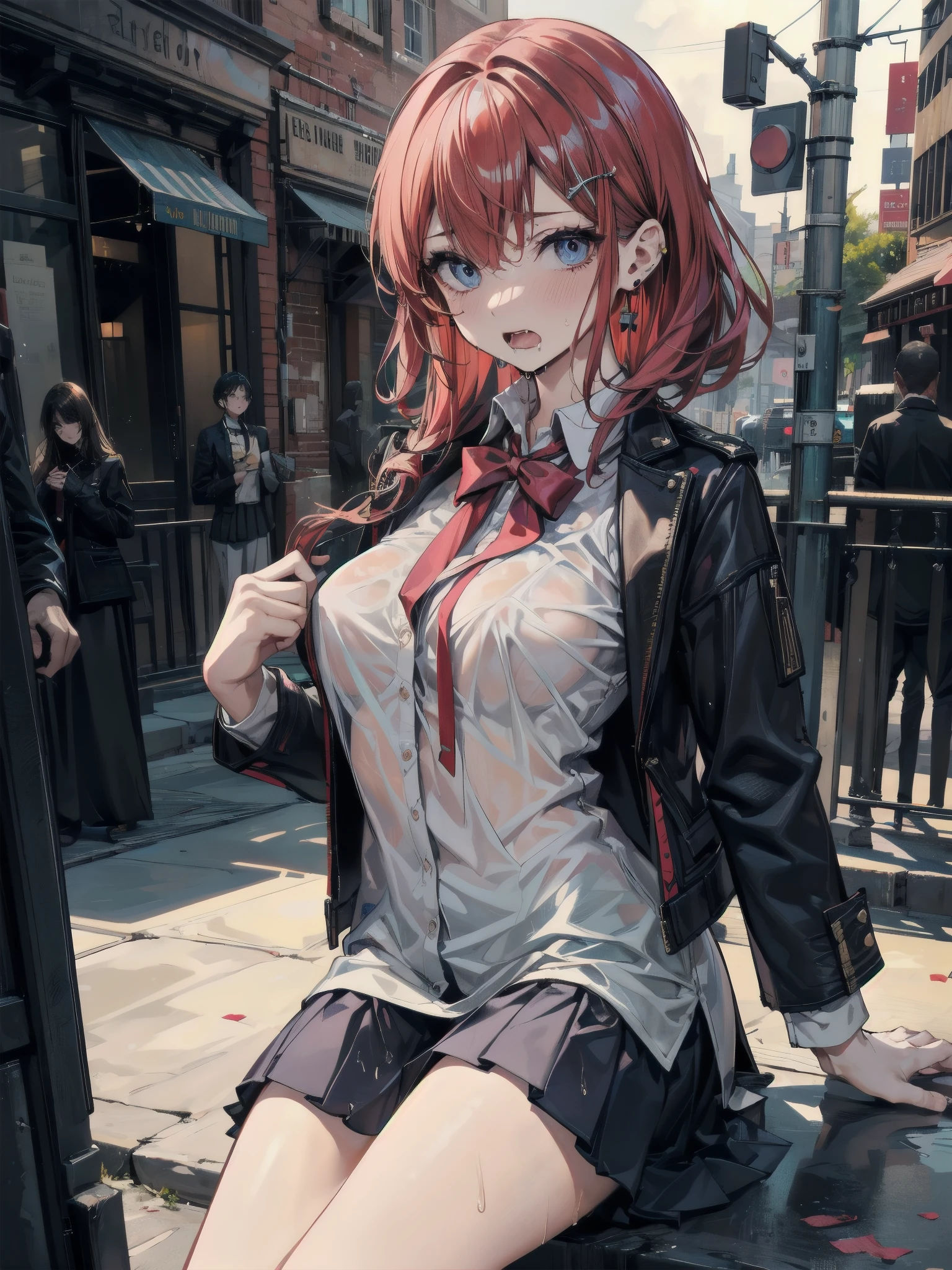 red-haired short-haired, short clothes with white collar sleeves, shorts, pantyhose, girls, outdoors,