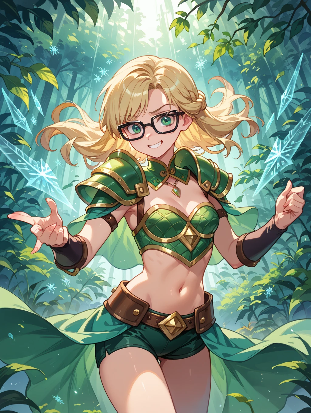 Mujer, Age 25 years, Sombreado de celdas de anime, Inspirado en Loki, Disfraz de Loki, magia verde, Aura verde, ojos verdes brillantes, Holding a magic scepter, Mentiras, Misleading background, intenso, Detalles intrincados, Obra maestra, Altamente detallado