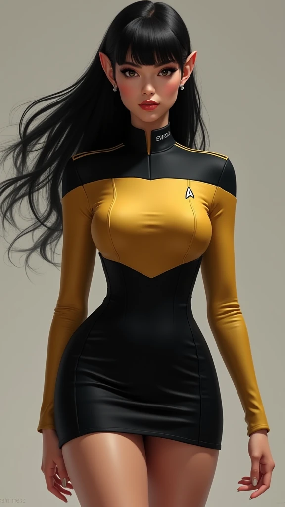 Realistic image of a beautiful Vulcan crew member ( pointy ears , fringed black hair) Starfleet , Wearing uniform short skirt and standard blouse from Star Trek Federation, body, (gold and black blouse , short black skirt) perfect thick legs, , WIDE .
