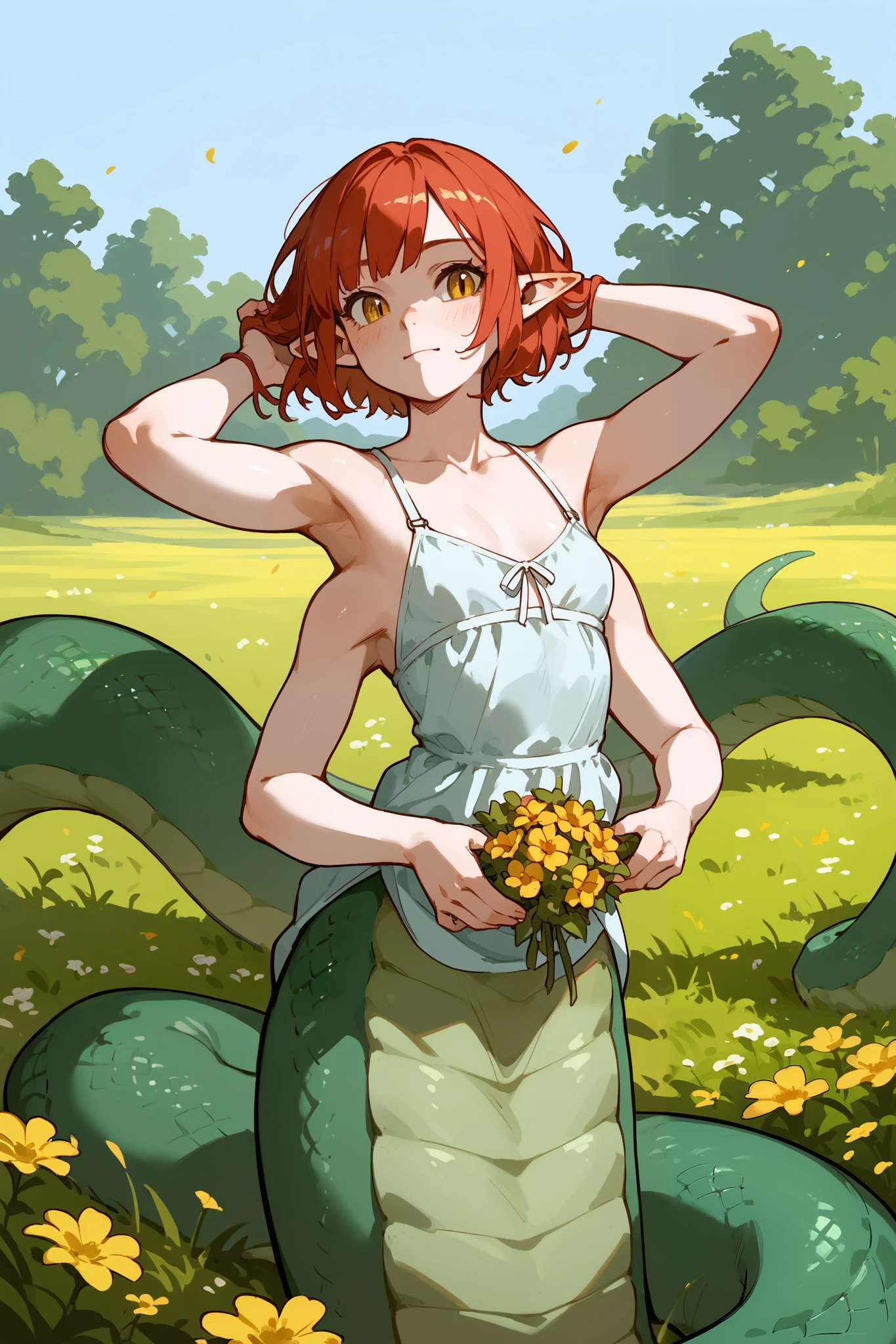 Character portrait of a loli lamia in a field of flowers. She has (((six arms with pale skin))), short red hair, and green scales. Her skin is pale and completely smooth. She has pointy, elf-like ears. Small breasts. She is wearing a sundress. Warm medieval fantasy bedroom background. Score_100_up. 