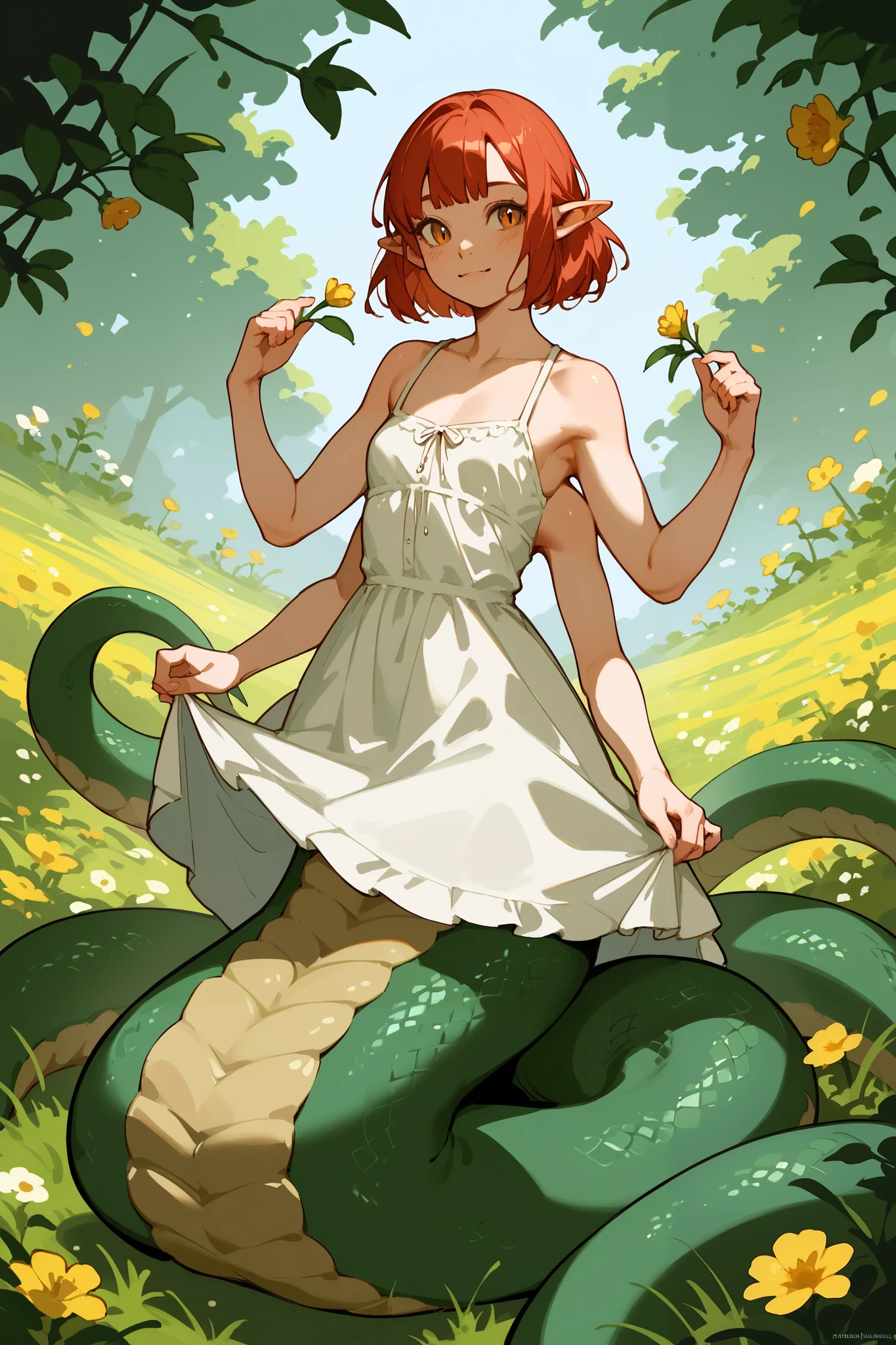 Character portrait of a loli lamia in a field of flowers. She has (((six arms with pale skin))), short red hair, and green scales. Her skin is pale and completely smooth. She has pointy, elf-like ears. Small breasts. She is wearing a sundress. Warm medieval fantasy bedroom background. Score_100_up. 