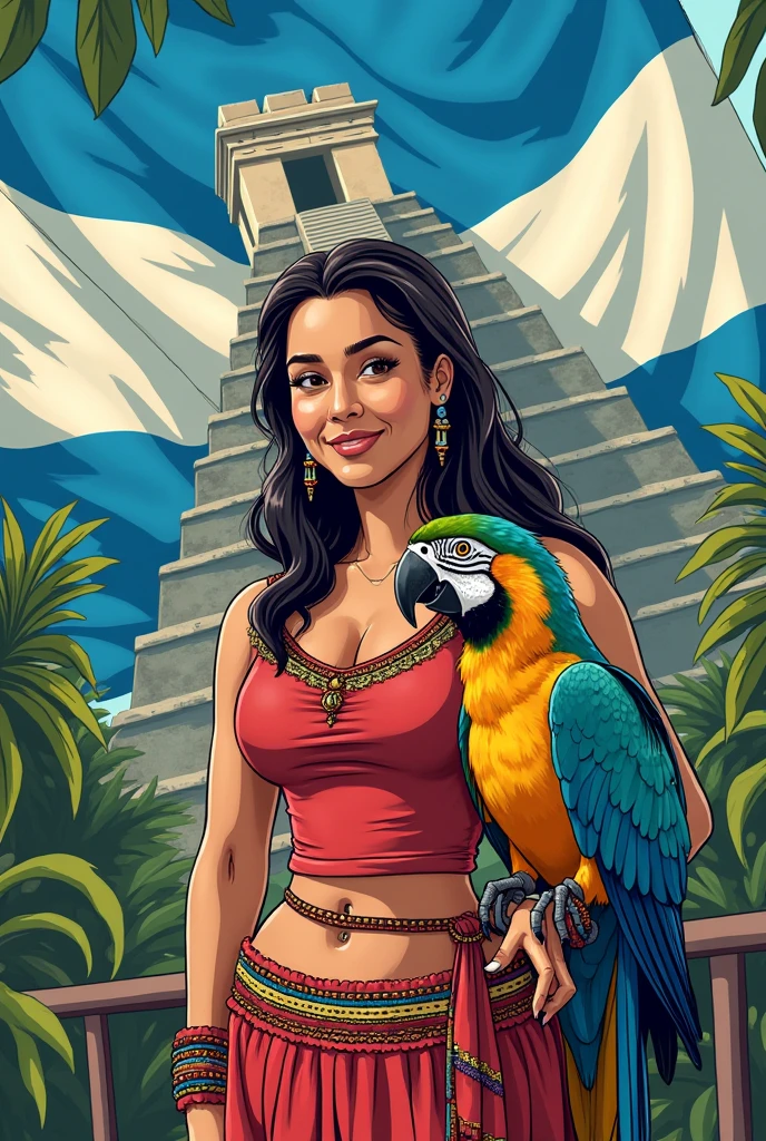 Comic of a woman with a Honduran macaw with the flag of Honduras and a Mayan pyramid