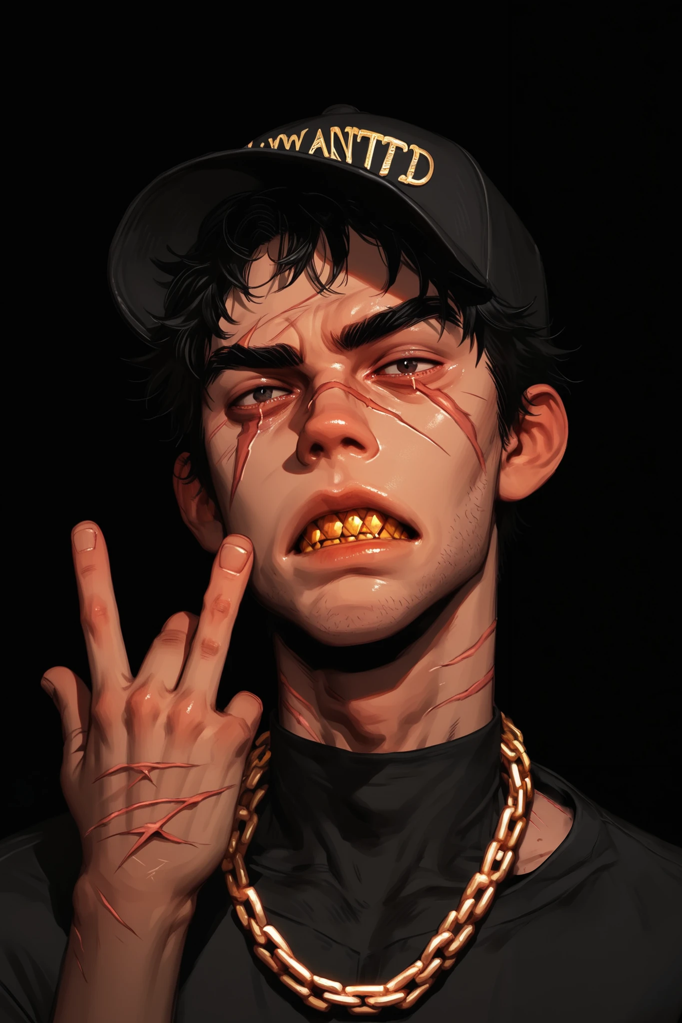  a boy,Alone,  looking at the spectator,  short hair, blows,  simple background, hate look  , threatening posture , dark eyes,  black hair , chains, scar,  Black background, retrato,, scar on face,  eye scar shirt,  covered collarbone,wanted criminal ,tatuajes,gold teeth,cap ,Diamond grillz,Hand gesture