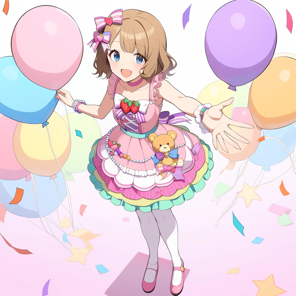  1 girl, Sweat Momoko,  Stunning Decor , Brown Hair, Wrist Cuff , Mary Janes closes one eye,  hair bow, heart balloon,  White Legwear , outstretched arm,  plush, Striped ribbon, balloon,  eyebrows visible through hair ,   jewelry, star (symbol), teddy bear, 太ももまで丈のshoes下,  printed legwear , heart print, star print, ,  blue eyes,  open your mouth, frills, Confetti,  pink footwear , smile, Purple ribbon, light Brown Hair, clavicle,  plush, heart,   multicolor,  sleeveless, overview, streamer, ;d,  watching viewers,  short hair, shoes,  food themed hair ornament, ,   multicolor clothes,   pink dress ,  sleeveless dress,  Frilled Dress ,  pink ribbon , hair bow, Strawberry hair accessory, star hair ornament, heart hair ornament,  Pink Choker , Striped ribbon, Skirt ribbon, yellow bow , Strawberry Ornament , star ornament, beads,  Backbow ,  aqua waist ribbon , heart ornament,  layered skirt ,  green skirt ,  polka dot skirt ,   purple skirt, Striped Skirt, Aqua Skirt,   multicolor skirt, masterpiece,  top quality  