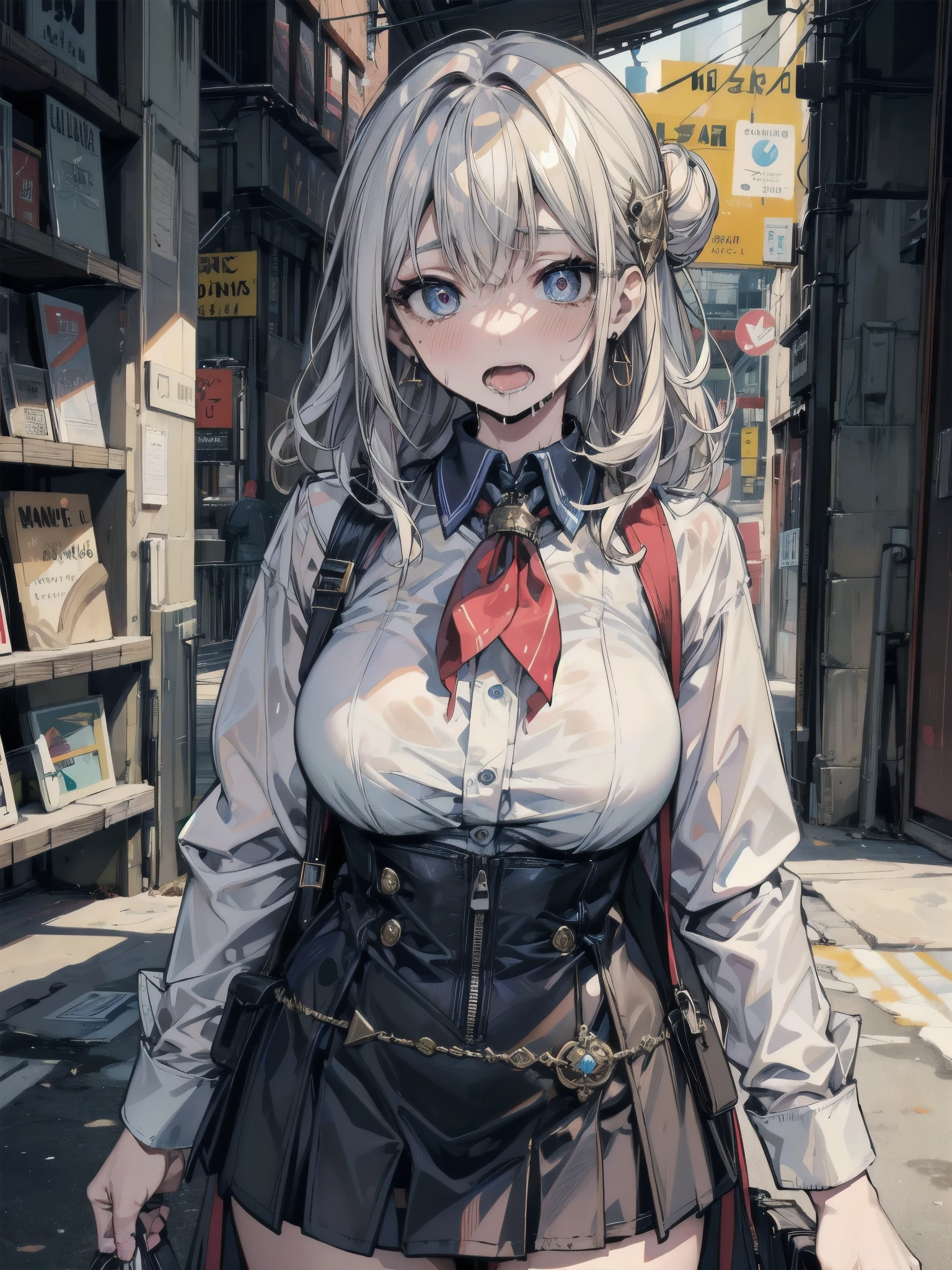 (full body), seductive look, blush, outdoors, looking at viewer, moody lighting, (perfect detail eyes:1.2), mole under eyes glowing eyes, shiny skin, white hair, blue eyes, smile, white sweater, long hair one braid:1.2), (huge breasts), (Masterpiece, Best Quality, High Quality:1.4), professional artwork, Intricate Details, field of view, sharp focus, little blue jacket, black tight skirt, black tights