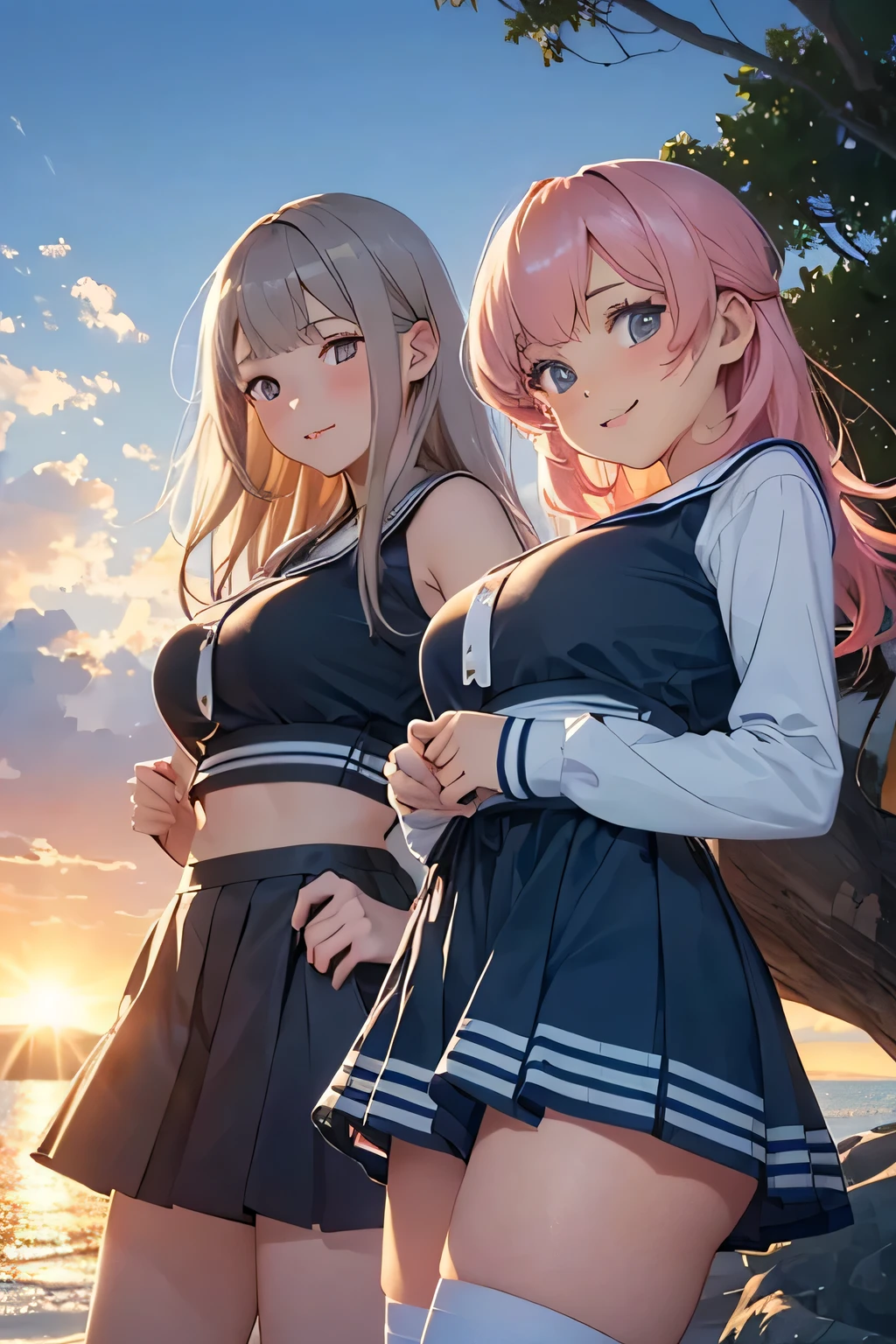  top quality 、 high res、( high image quality:1.2)、masterpiece、 detailed background 、( highly detailed faces being avenged:1.2)、 is anatomically correct、 detailed eyes、Teenage beauty、( huge breasts:1.2)、 perfect body line 、 brightly colored hair color 、 shiny sailor suit、 white sailor color、 pleated skirt、 white stocking 、 A beautiful scene like a scene from a movie、 big smile when looking back、 sandy beach、

(The coastline dyed in the morning sun and the two girls reflected in the seaside in the background :1.5)、( close-up from below:1.5)、

I will spend time watching the sunrise、 At first, bright orange and pink colors dye the sky, and xu 々It becomes reddish 、 As the sun rises, the color becomes more vivid and the surrounding landscape is beautifully dyed、 cute