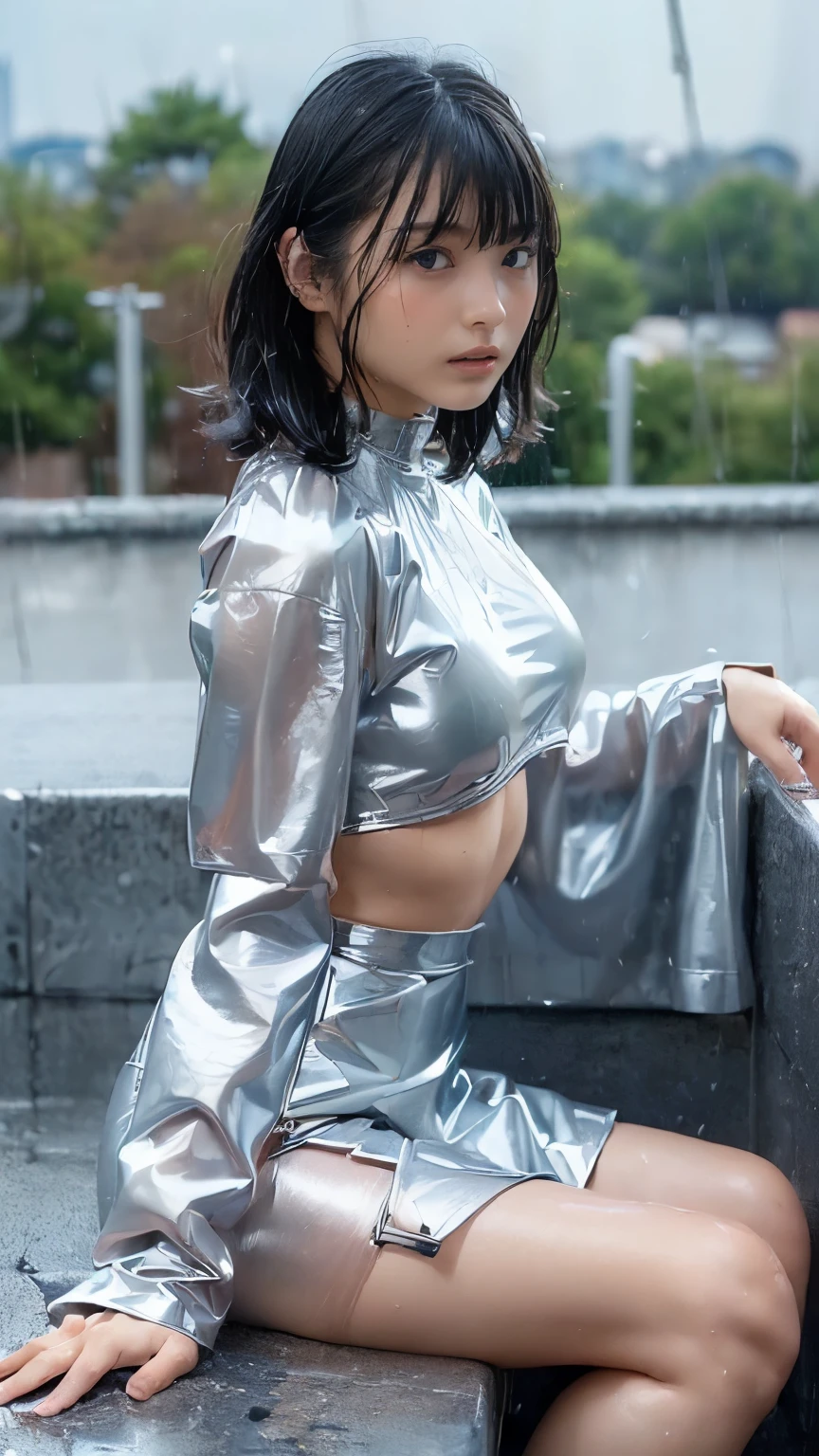 (((female 1 person: 2))), (( beautiful girl in a stylish super shiny silver latex mini skirt dress)), ((Super body fit silver latex mini skirt dress:1.5), ((Beautiful girl on the roof of a building with a beautiful night view )), ( 18-year-old cute girl ), ((1 screen)), 8k、RAW shooting、( angle from side :1.5)、 best quality pictures、 master piece、Nice realistic pictures、(( anatomically correct ratio : 1.5)), Beautiful Dark-haired Woman Like a Japanese Actress 、Small Head、 detailed face 、 detailed eyes、Thin Nose、 Detailed Fingers 、Detailed arms、 detailed skin、Detailed legs、 version、( thin waist:1.5), small butt、Gravure photo poses、(( sitting with crotch open)), heavy rain、(Rain-soaked body: 1.2), ( bodysuit with water drops : 1.2), (Rain-soaked hair: 1.2)、(Rain-soaked bangs: 1.2)、 beautiful woman in a high neck off shoulder mini skirt dress